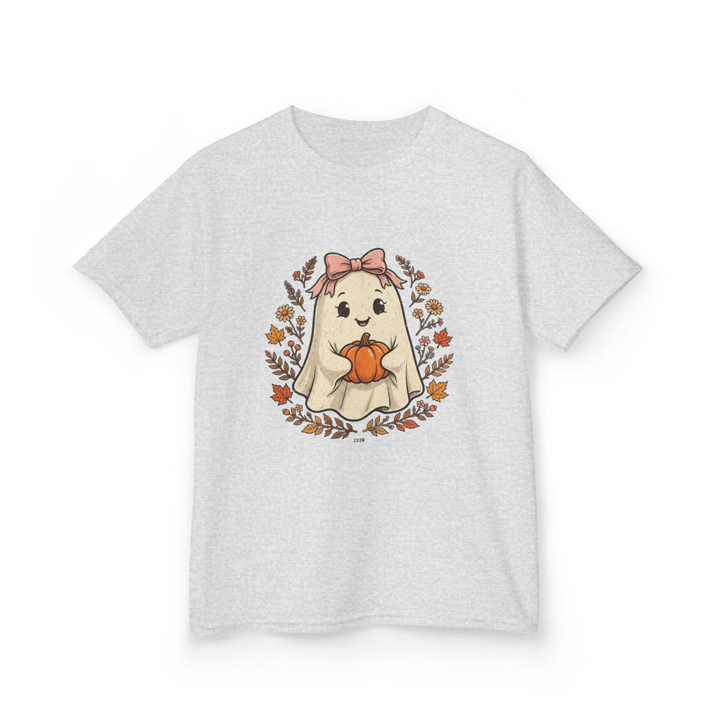 Kids Halloween Tee — Cute Ghost Holding Pumpkin "Spooky Season"