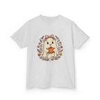 Kids Halloween Tee — Cute Ghost Holding Pumpkin "Spooky Season"