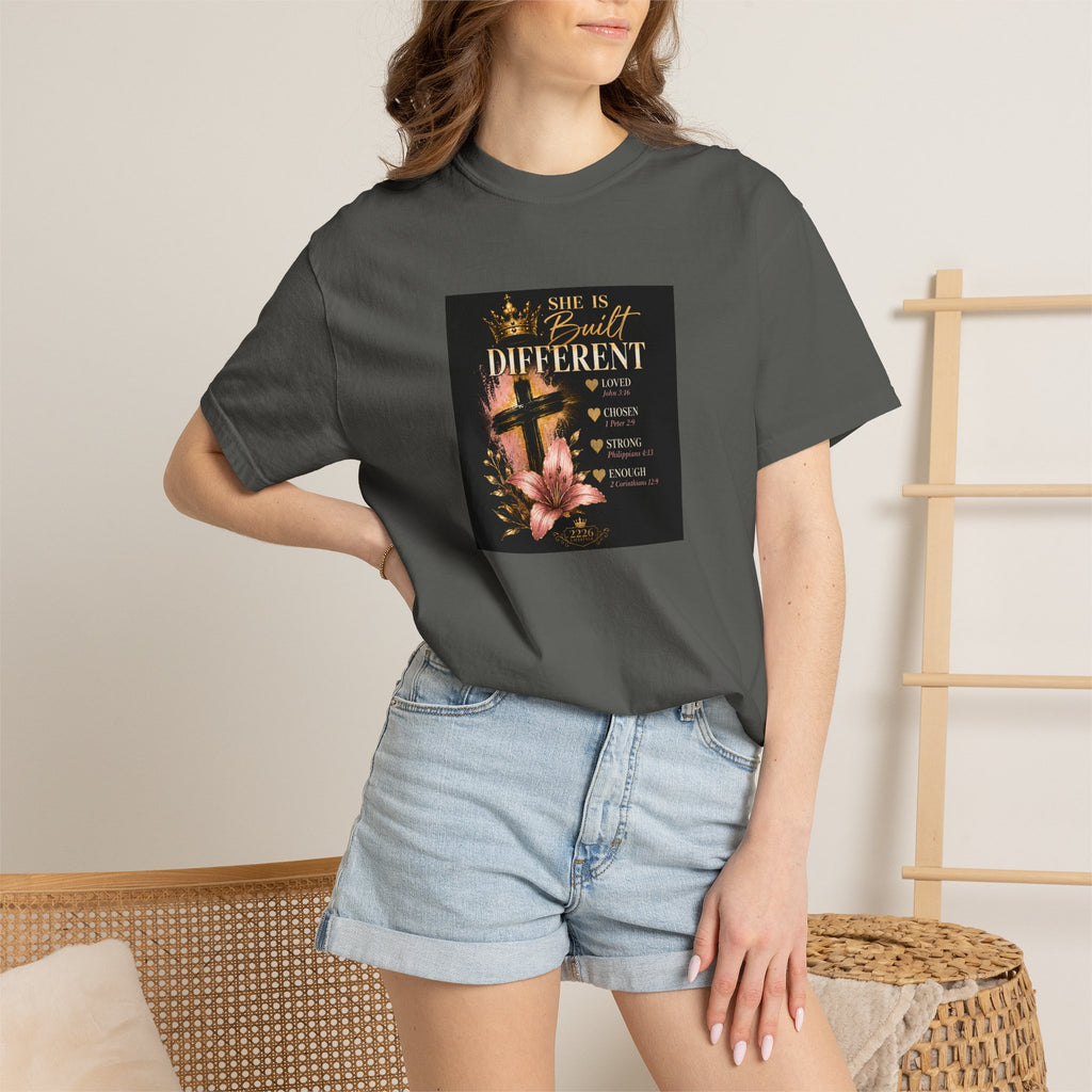 She Is Built Different Floral Cross Christian T-Shirt