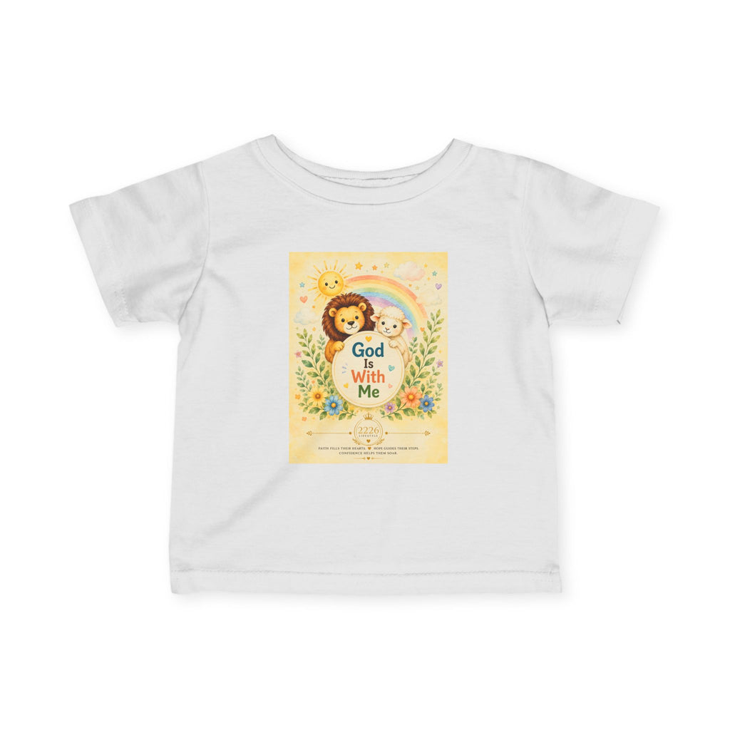 Infant Tee — "God Is With Me" Cute Nursery Lion & Lamb Faith Baby Shirt