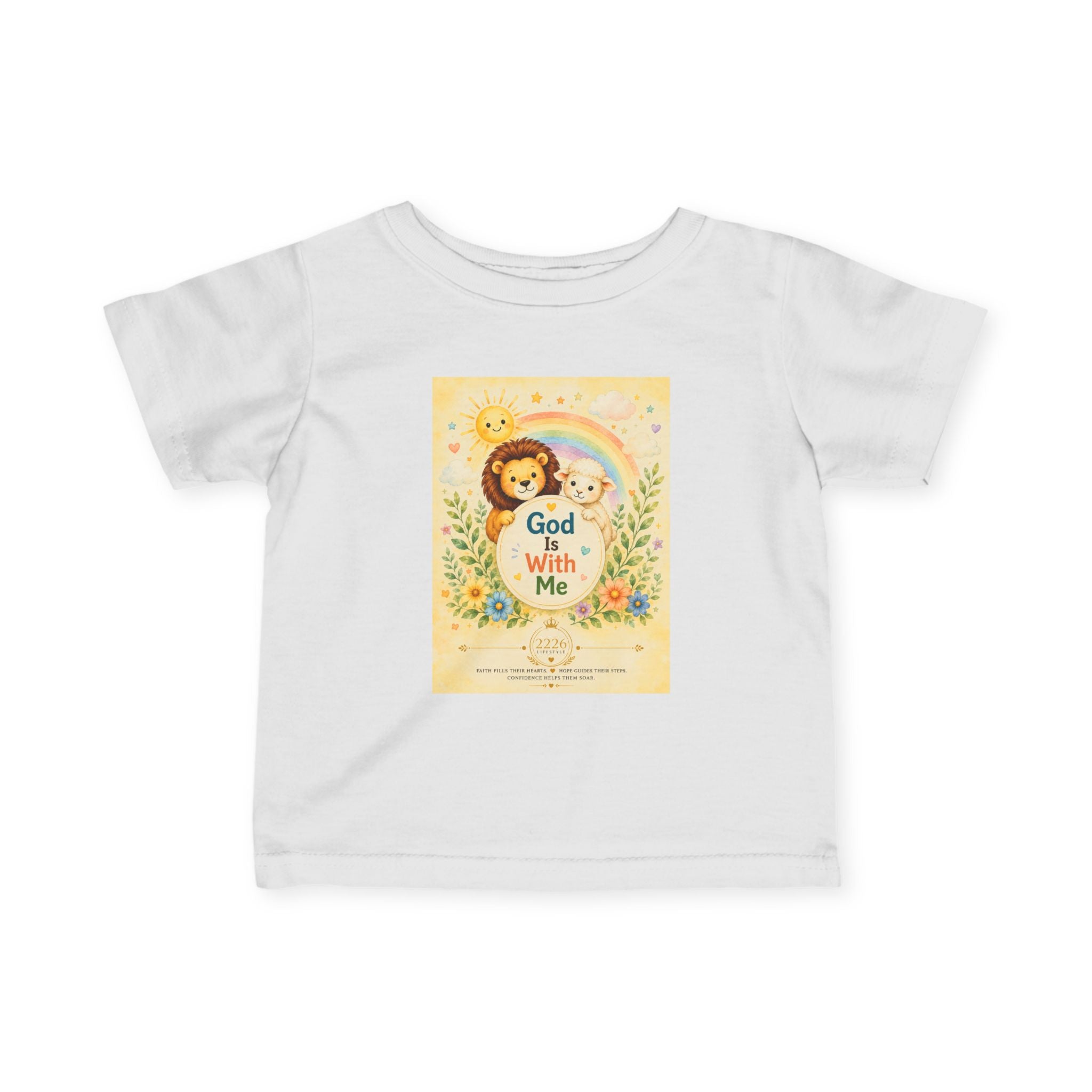 Infant Tee — "God Is With Me" Cute Nursery Lion & Lamb Faith Baby Shirt