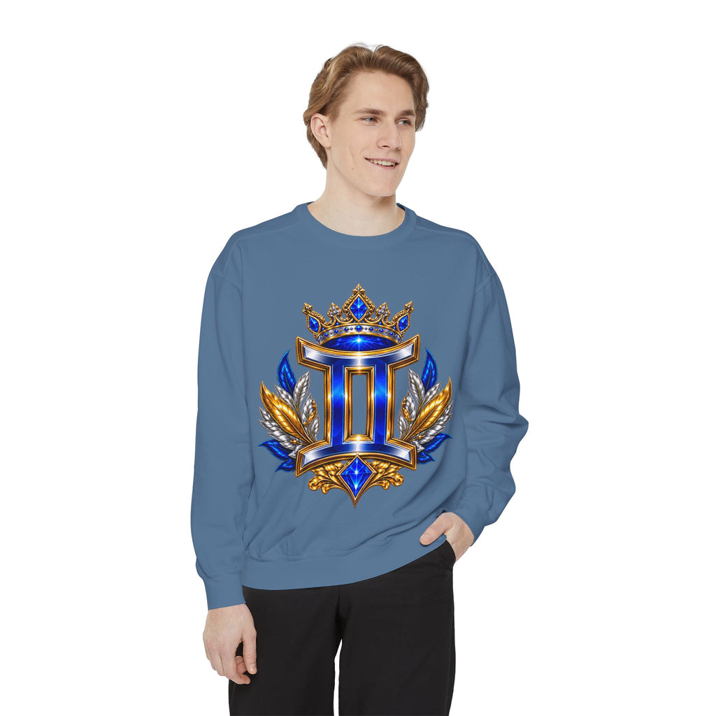 Gemini Zodiac Sweatshirt — Royal Blue & Gold Twin Symbol Crewneck