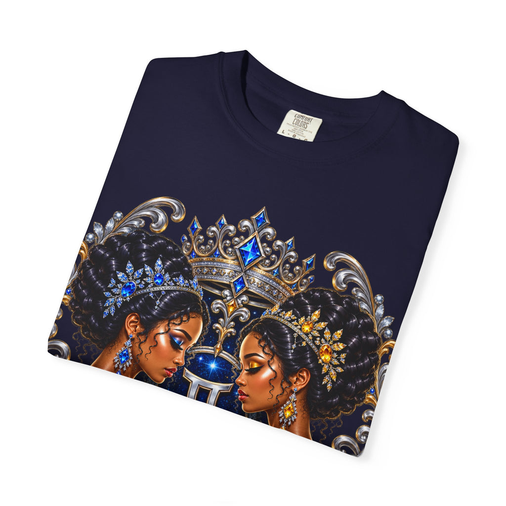 Gemini Zodiac Twin Queens T-Shirt — Elegant Blue & Gold Astrology Tee