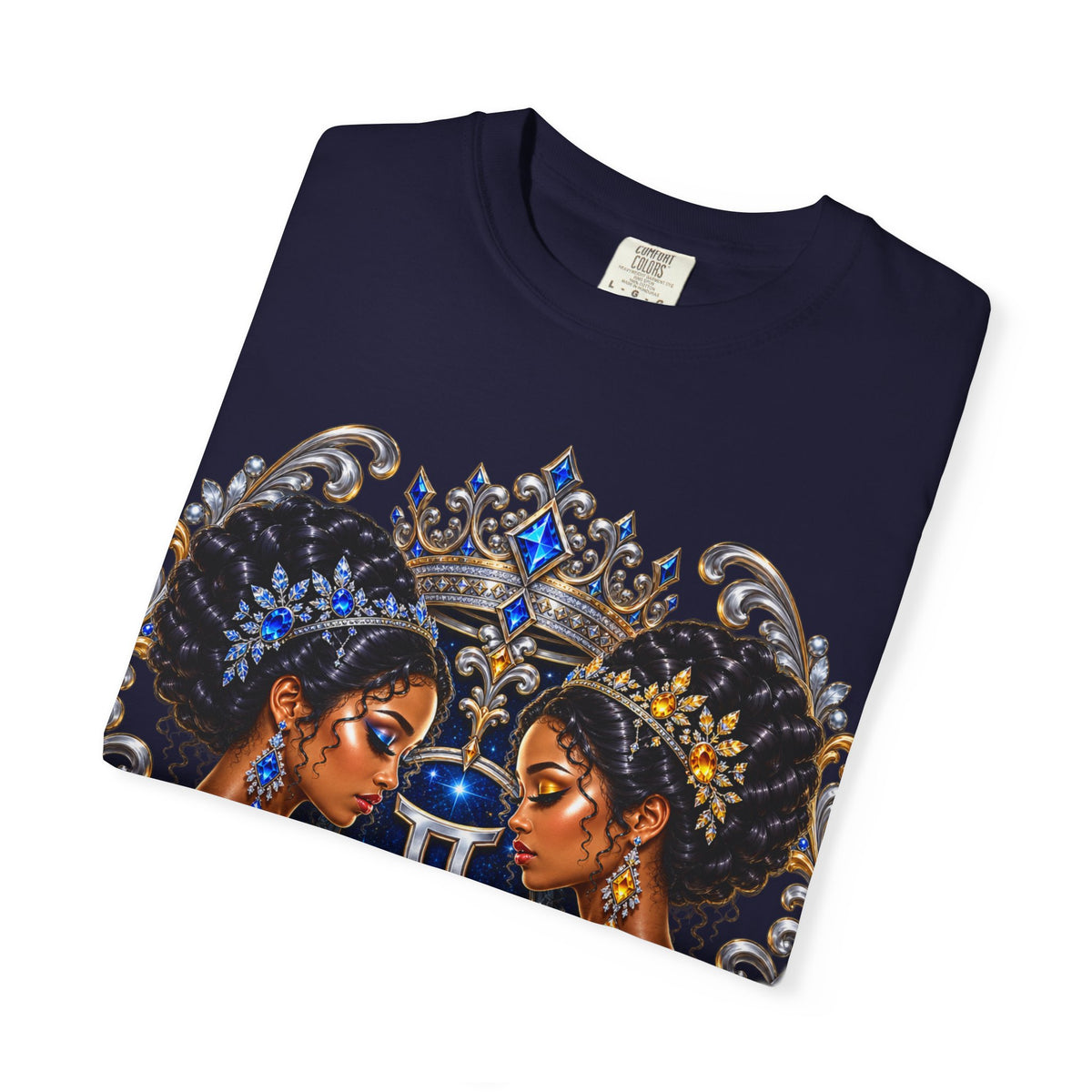 Gemini Zodiac Twin Queens T-Shirt — Elegant Blue & Gold Astrology Tee