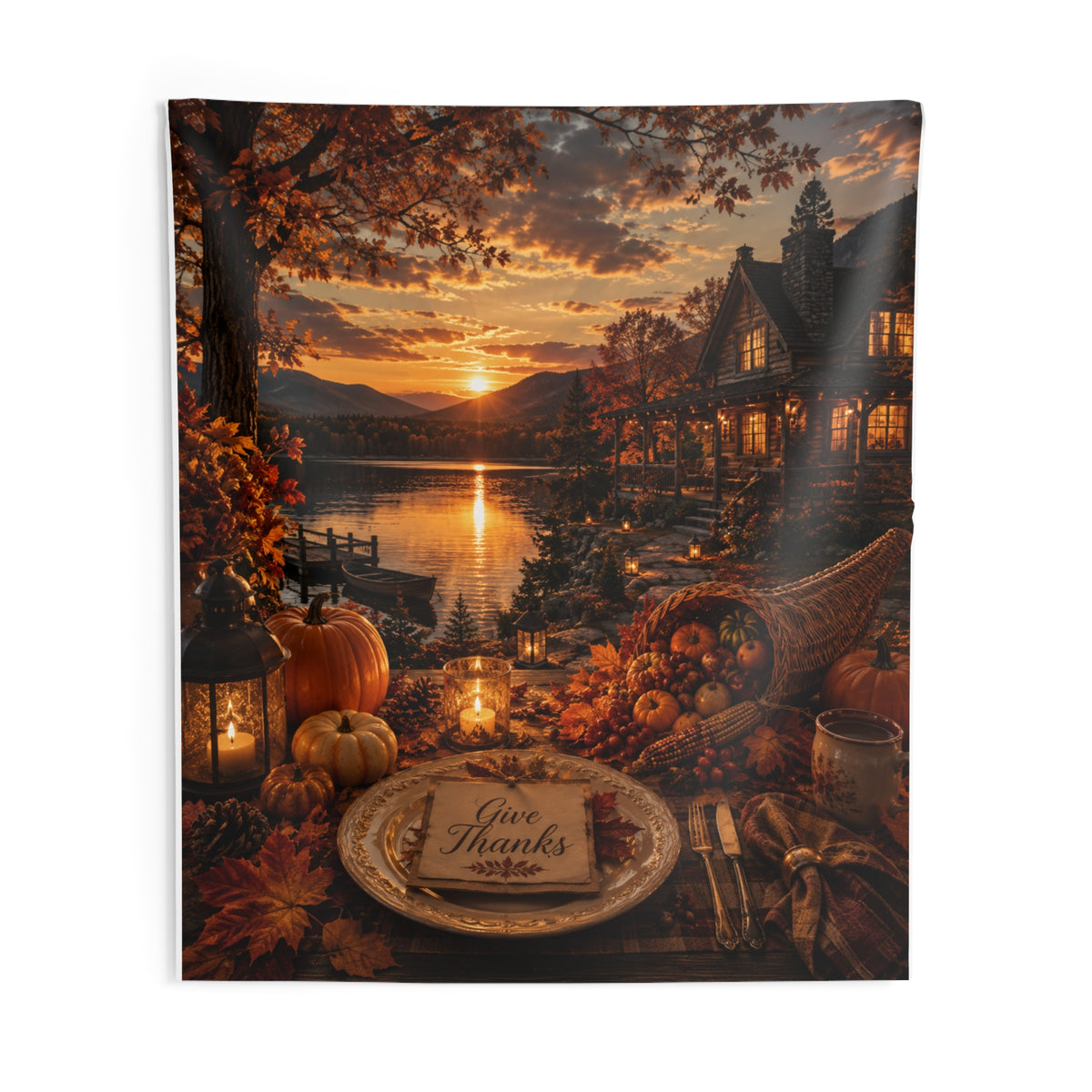 Autumn Lakeside Tapestry — 'Give Thanks' Thanksgiving Wall Hanging