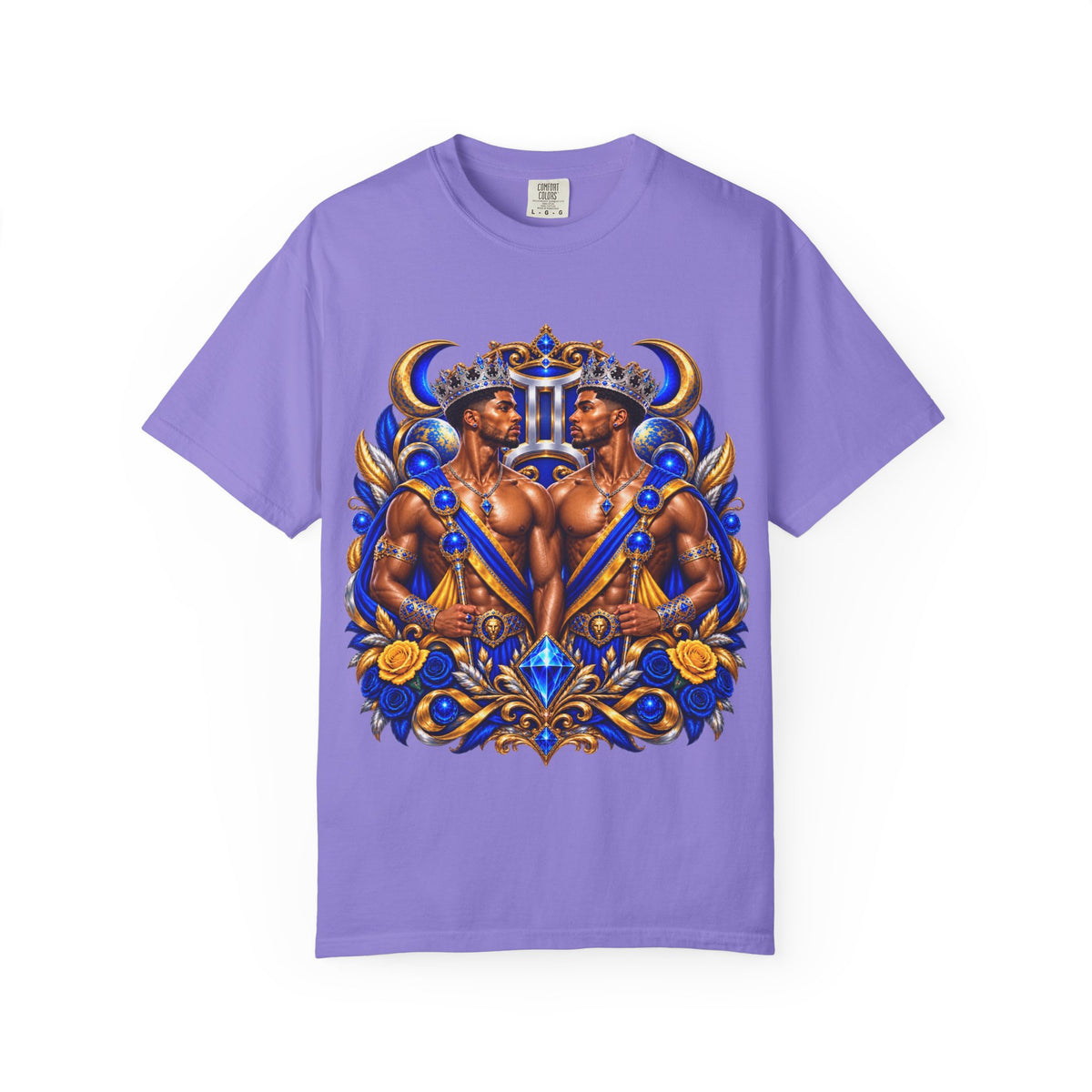 Gemini Zodiac T-Shirt — Bold Blue & Gold Twin Portrait Tee