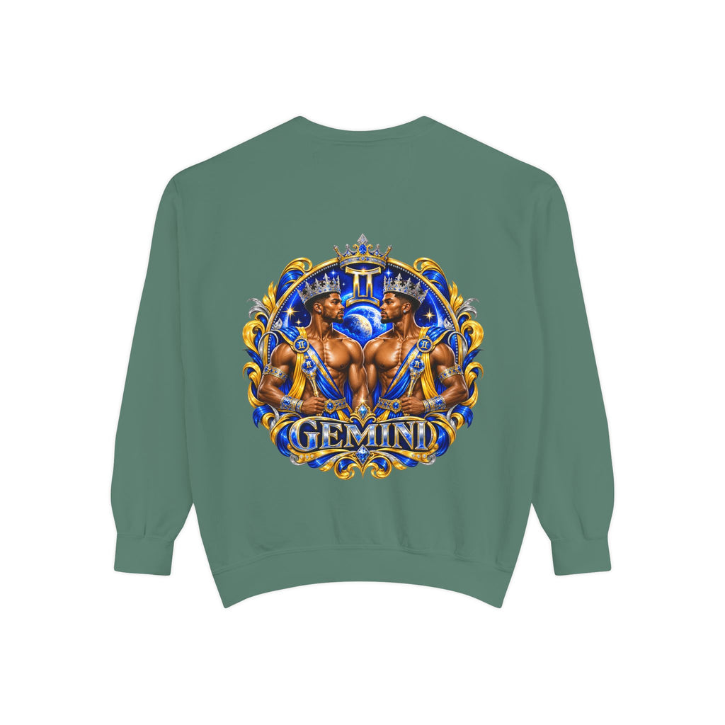 Gemini Zodiac Sweatshirt — Royal Blue & Gold Twin Symbol Crewneck