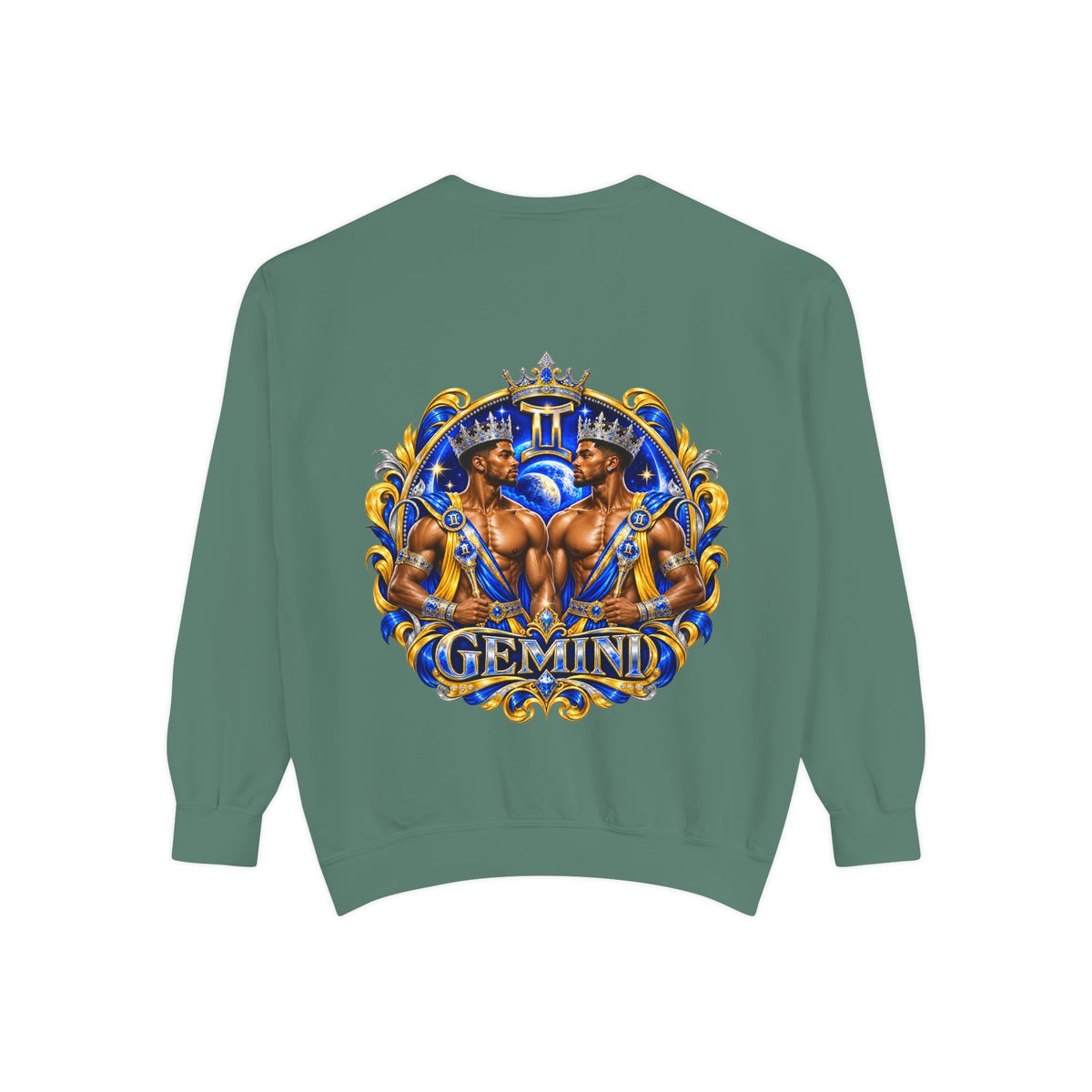 Gemini Zodiac Sweatshirt — Royal Blue & Gold Twin Symbol Crewneck