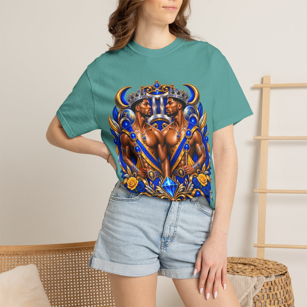 Gemini Zodiac T-Shirt — Bold Blue & Gold Twin Portrait Tee