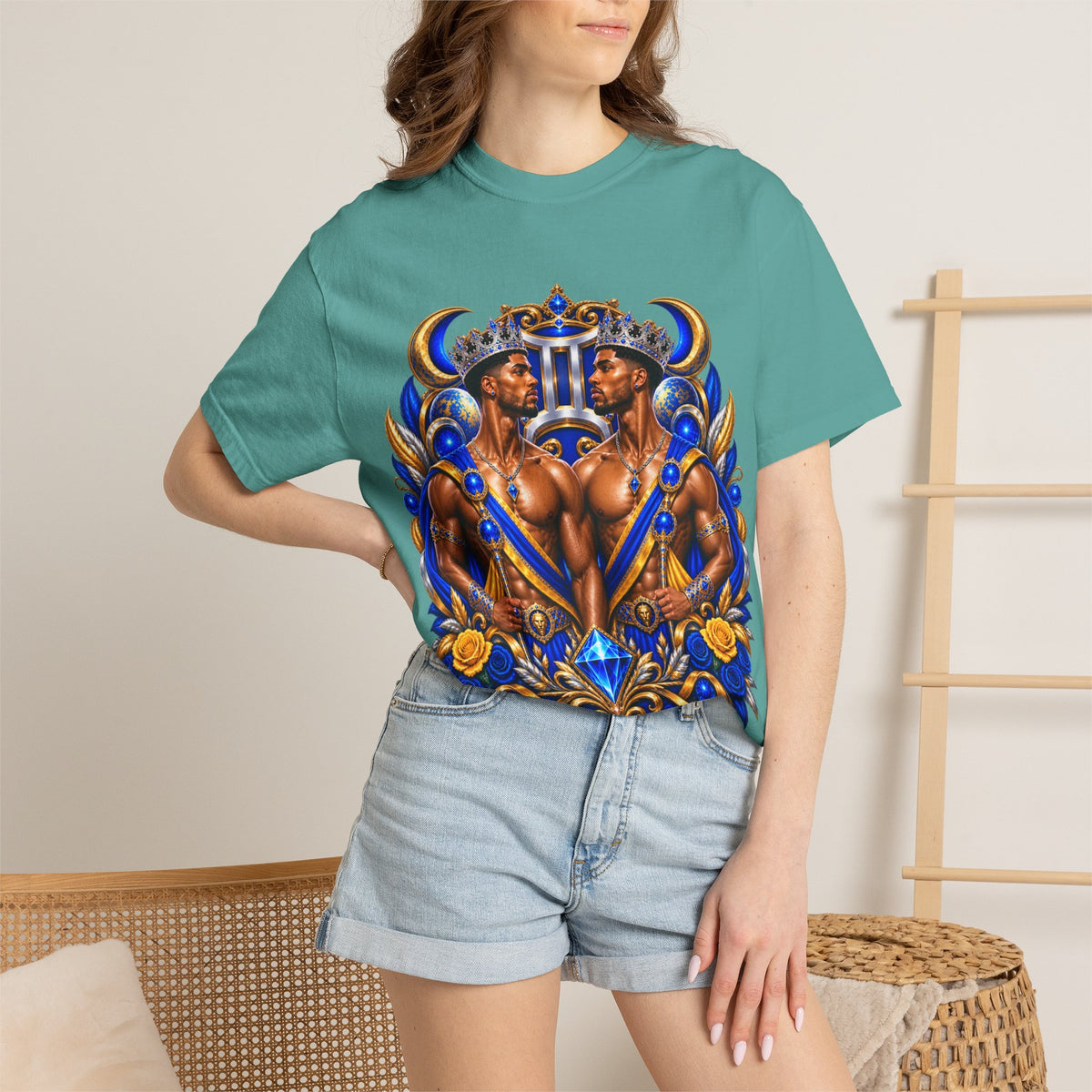 Gemini Zodiac T-Shirt — Bold Blue & Gold Twin Portrait Tee