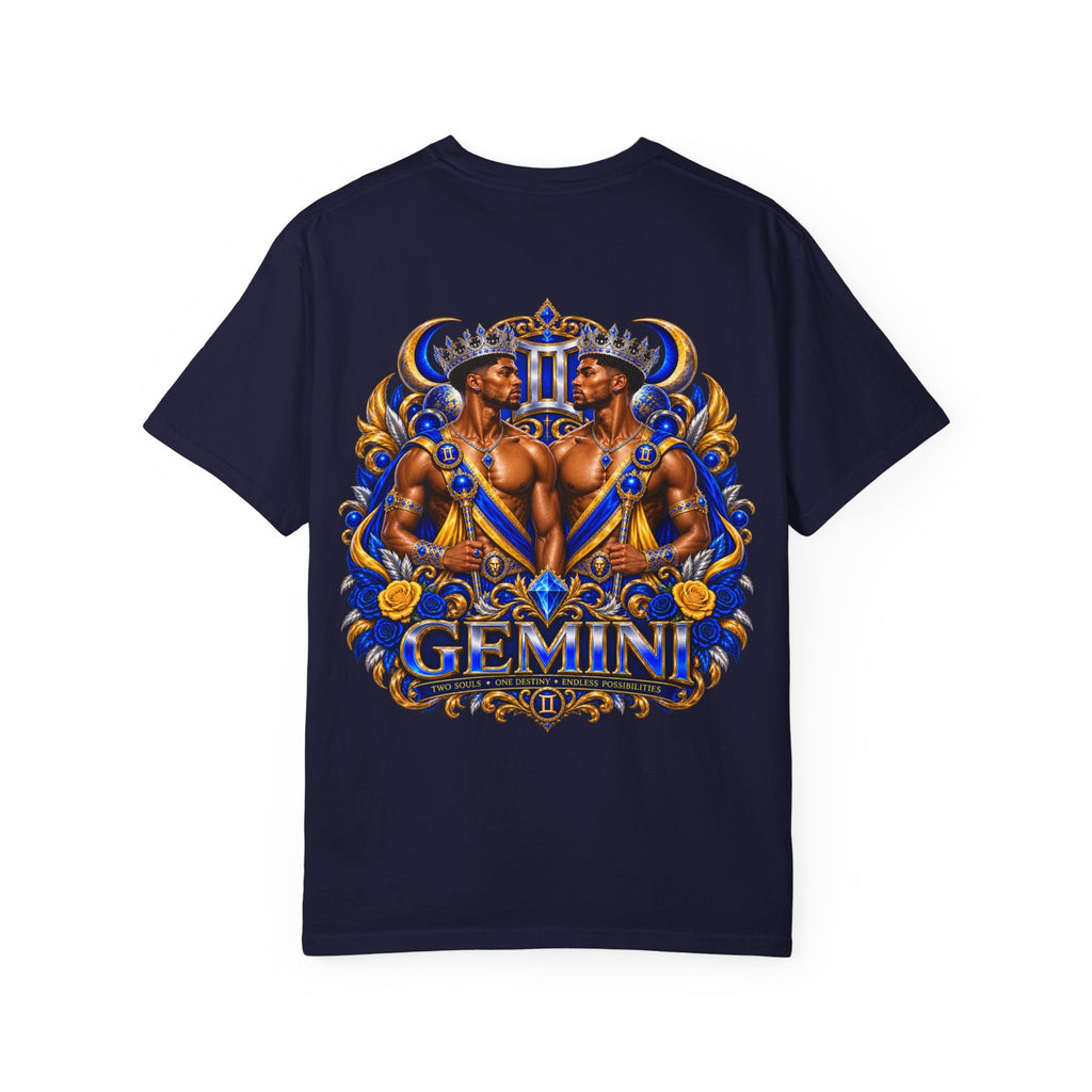 Gemini Zodiac T-Shirt — Bold Blue & Gold Twin Portrait Tee