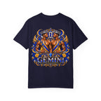 Gemini Zodiac T-Shirt — Bold Blue & Gold Twin Portrait Tee