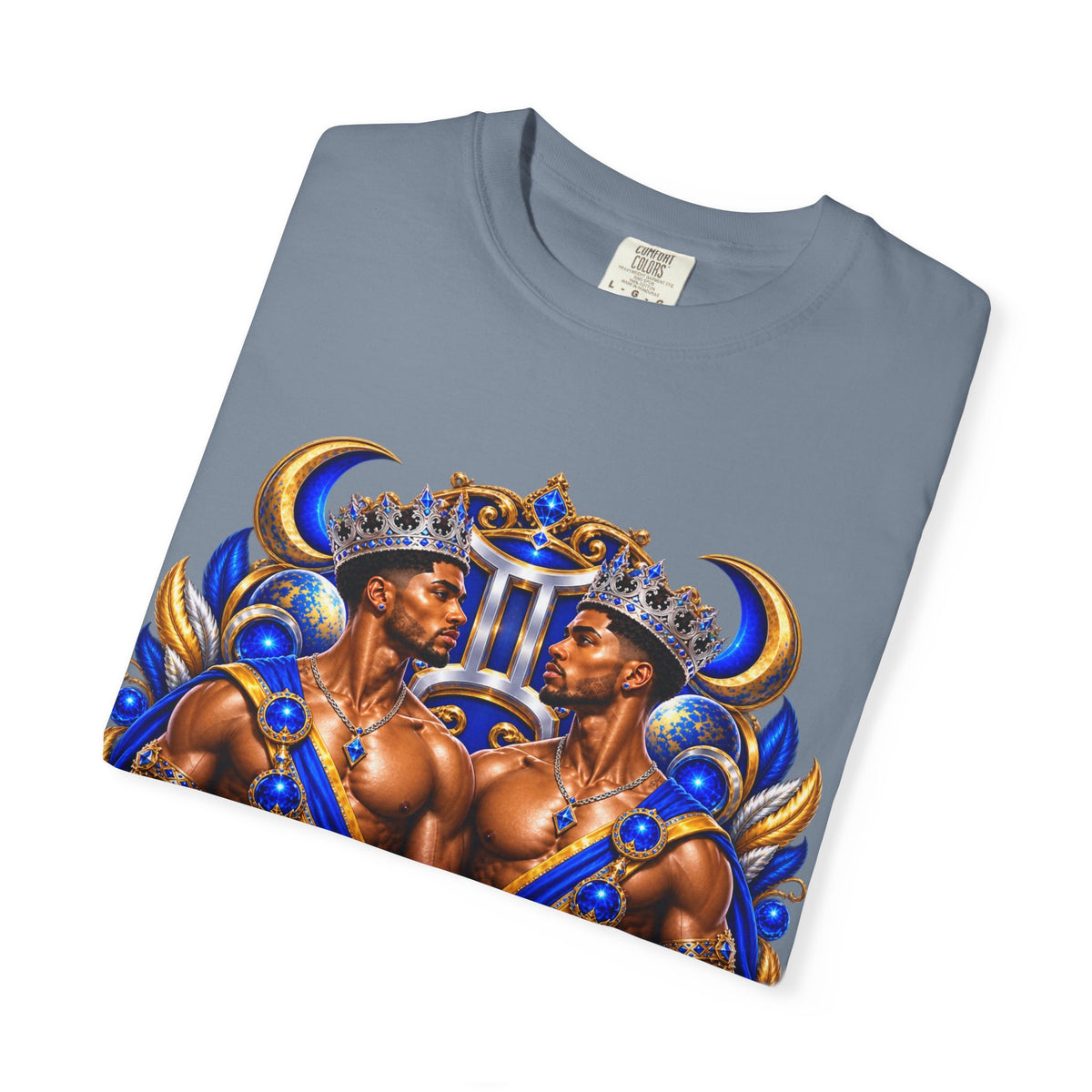 Gemini Zodiac T-Shirt — Bold Blue & Gold Twin Portrait Tee