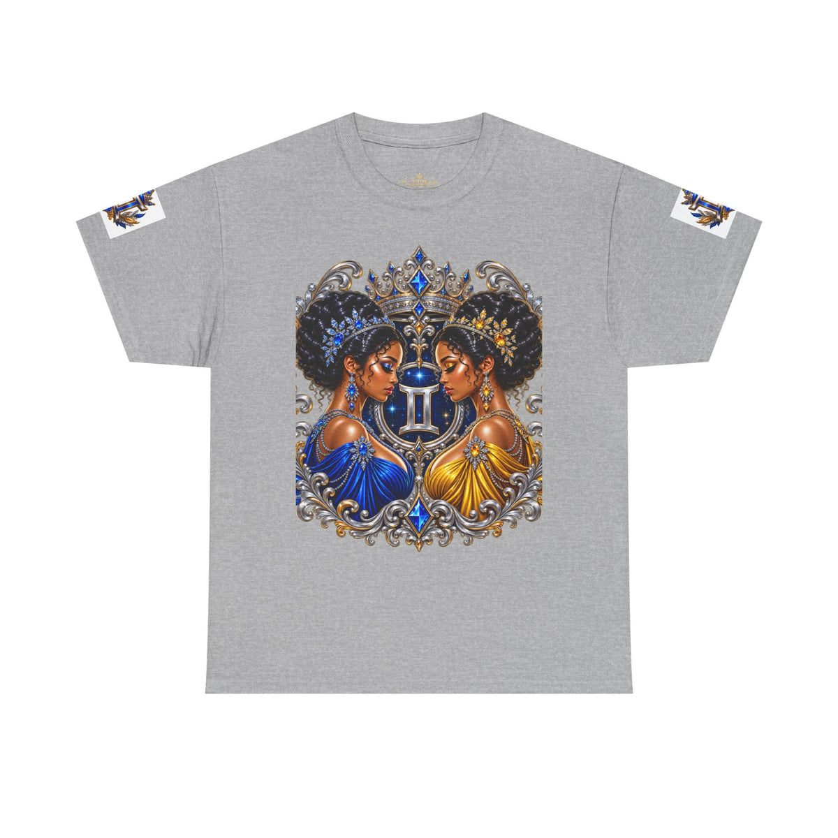 Gemini Zodiac Tee — Twin Sisters Astrology T‑Shirt (Blue & Gold)