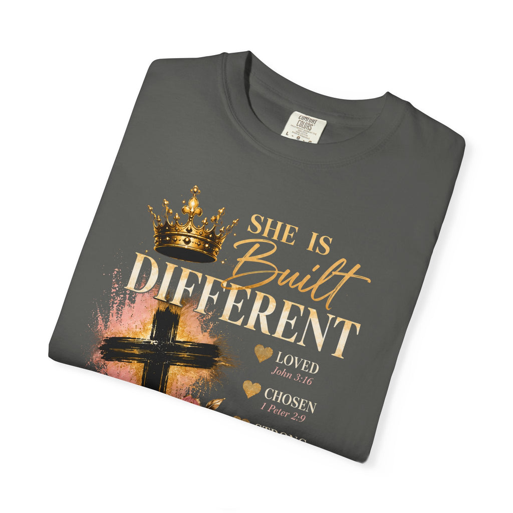 She Is Built Different Christian T-Shirt — Cross, Crown & Lily Faith Tee