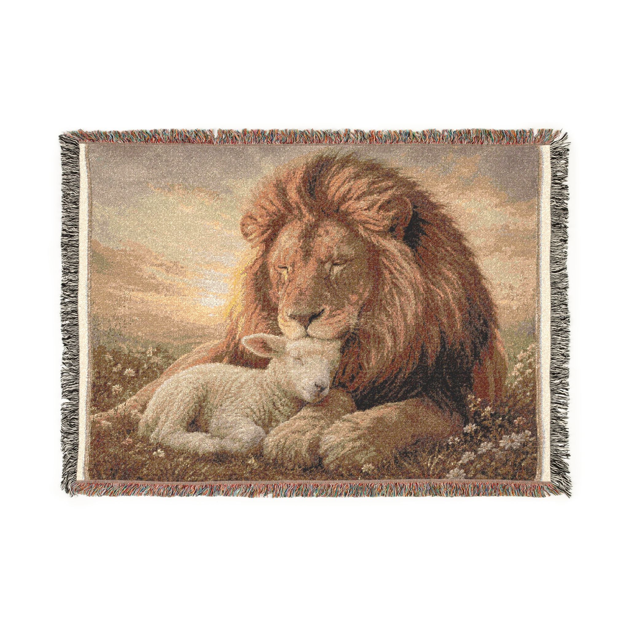 Lion & Lamb Woven Blanket — Cozy Religious Animal Throw for Home Decor
