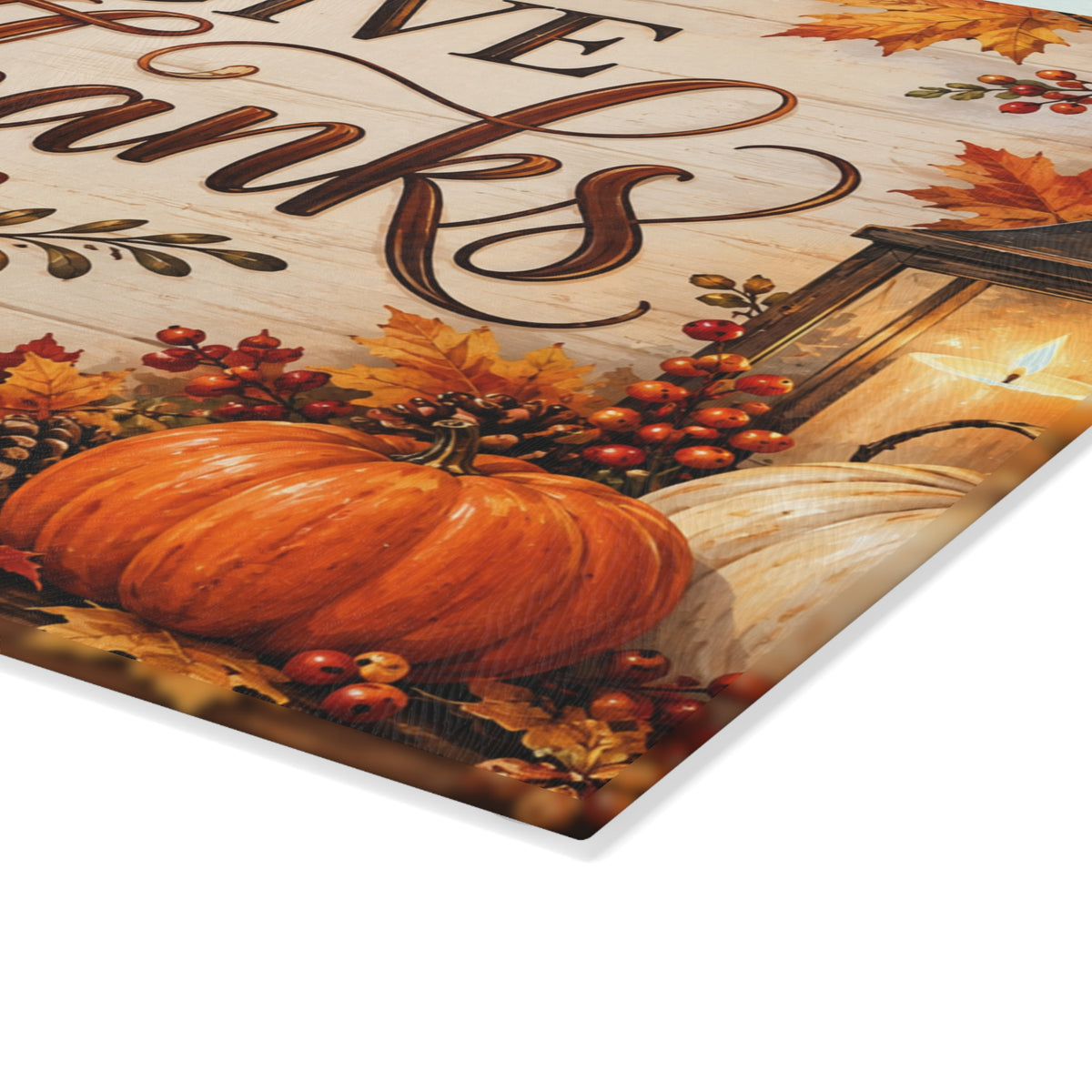Give Thanks Glass Cutting Board — Autumn Pumpkin & Sunflower Kitchen Decor (Thanksgiving)