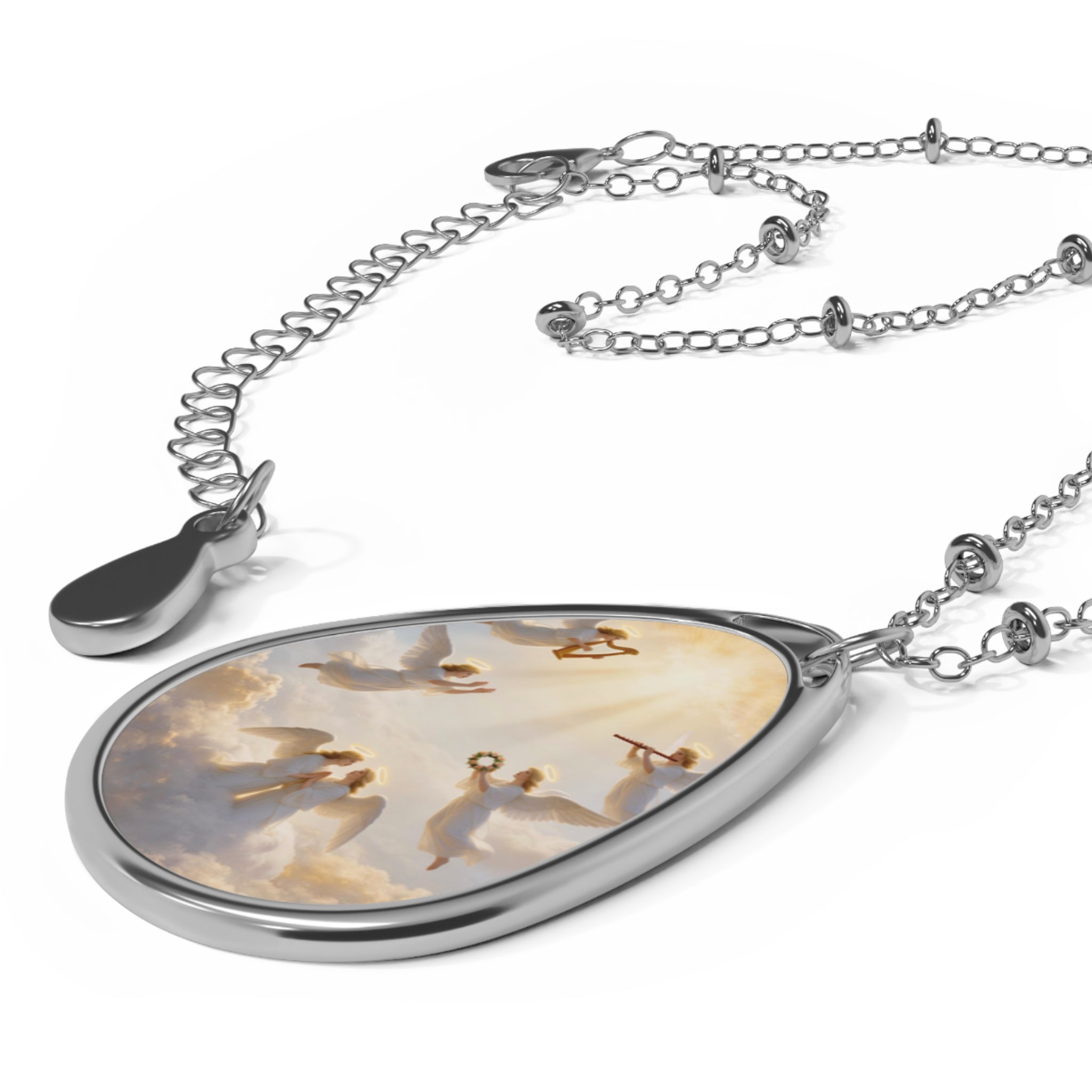 Angel Wings Oval Pendant Necklace — Teardrop Religious Memorial Jewelry