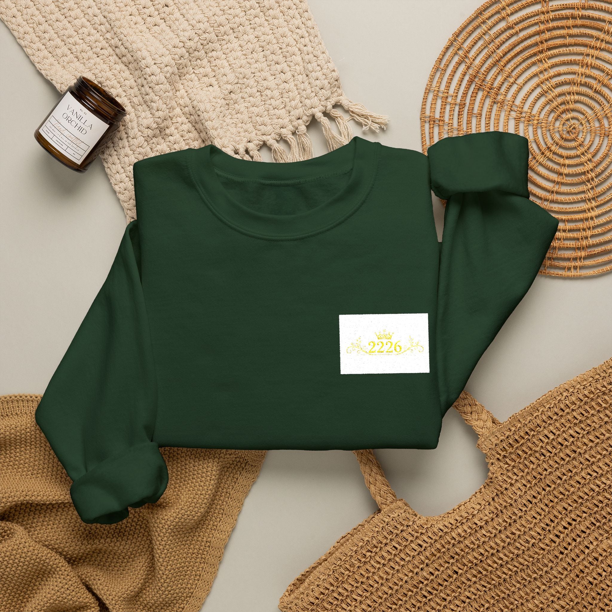 Crewneck Sweatshirt — Tiny Golden Crest Chest Patch