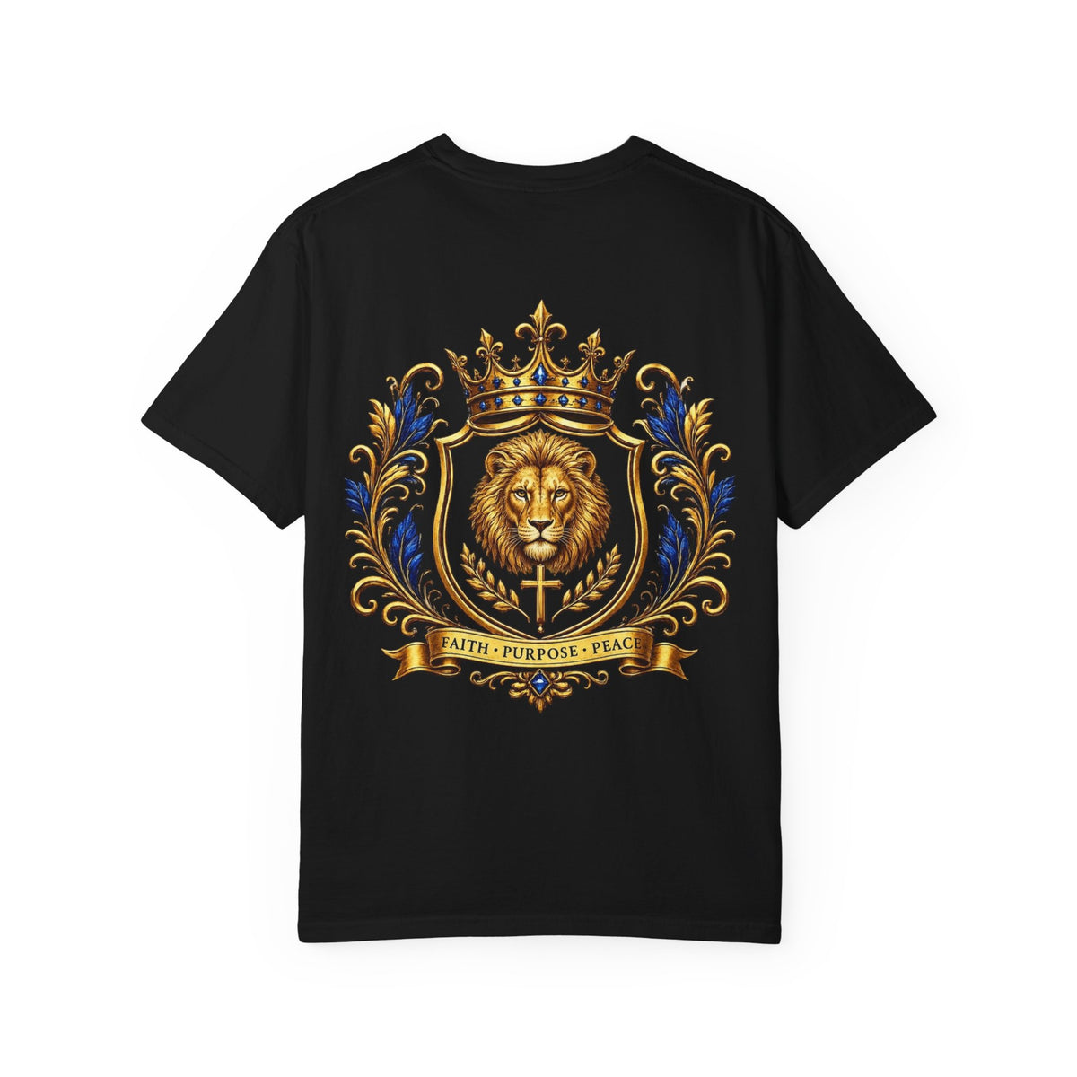 Lion Crest T-Shirt — Regal Crowned Lion with "Faith • Purpose • Peace" Back Graphic