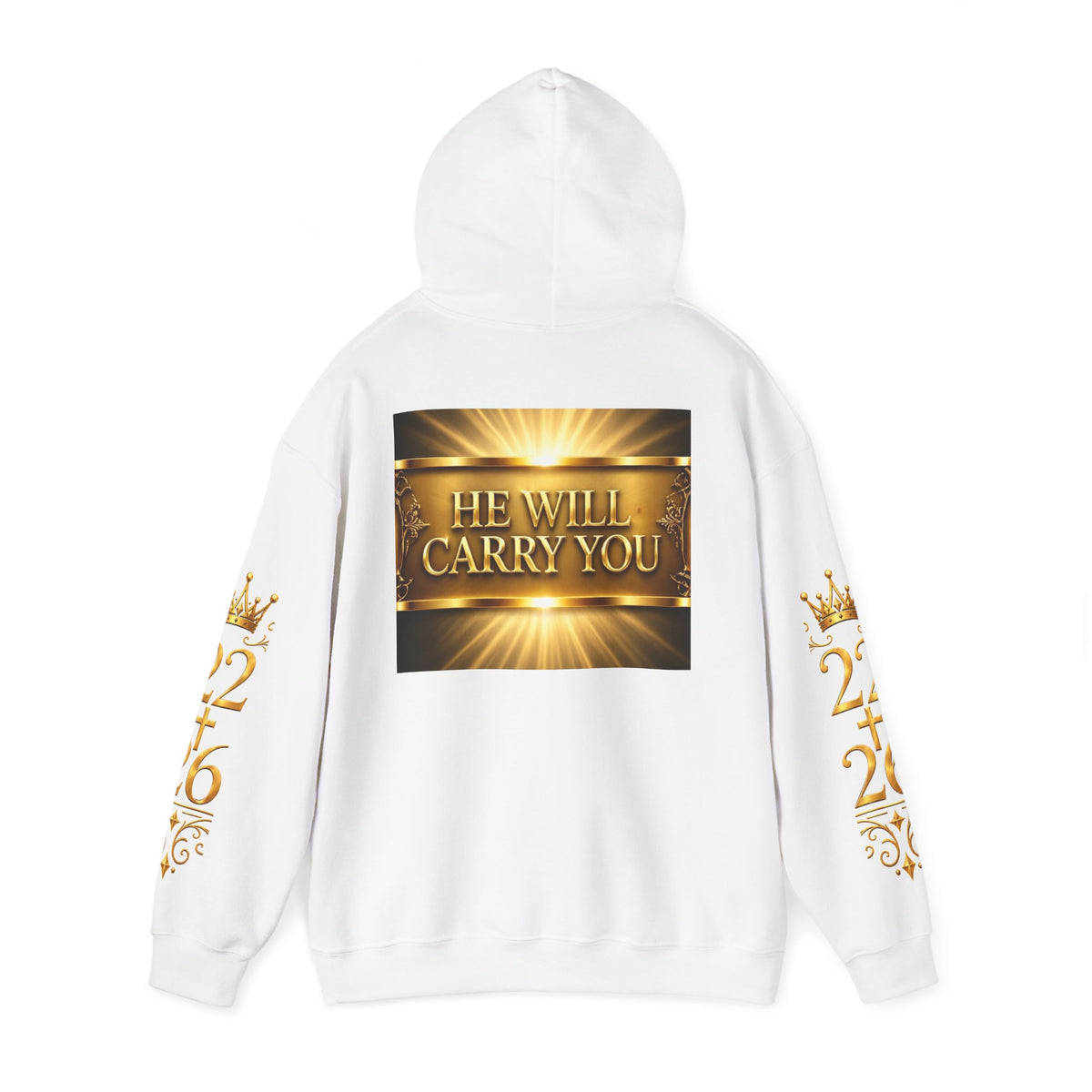 He Will Carry You Hoodie — Inspirational Christian Faith Pullover with Gold Scripture Design