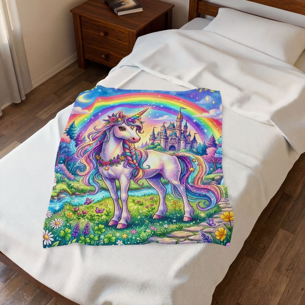Unicorn Rainbow Velveteen Plush Blanket — Magical Castle Fantasy Throw for Kids