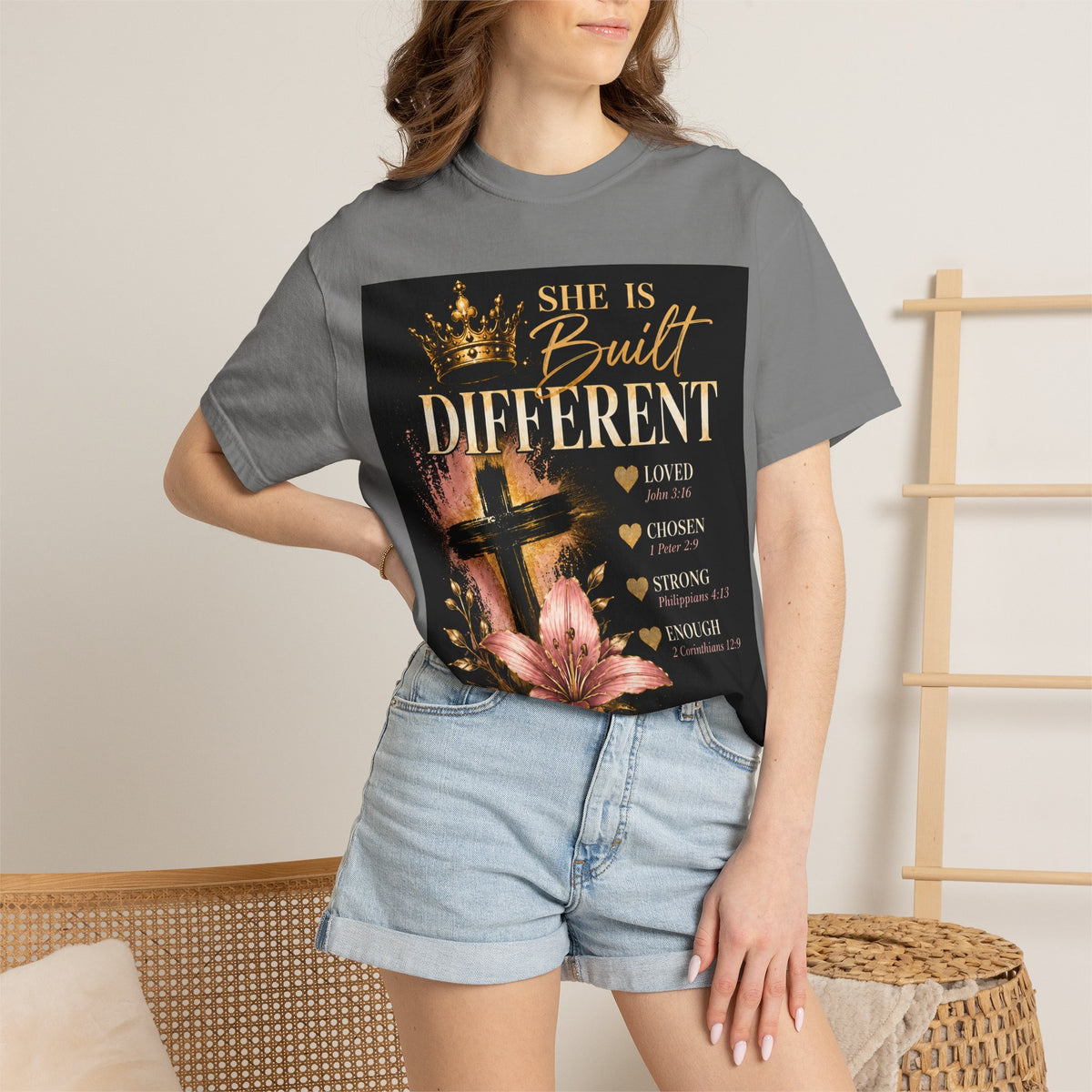 Christian Inspirational T-Shirt — "She Is Built Different / Built Right"