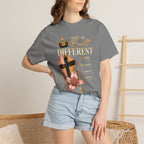She Is Built Different Christian T-Shirt — Cross, Crown & Lily Faith Tee
