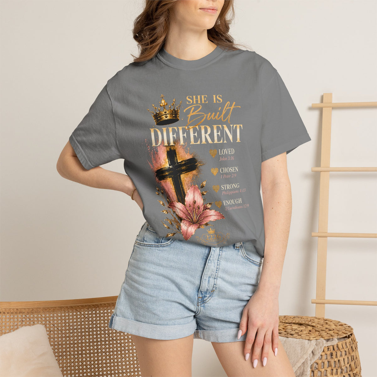 She Is Built Different Christian T-Shirt — Cross, Crown & Lily Faith Tee