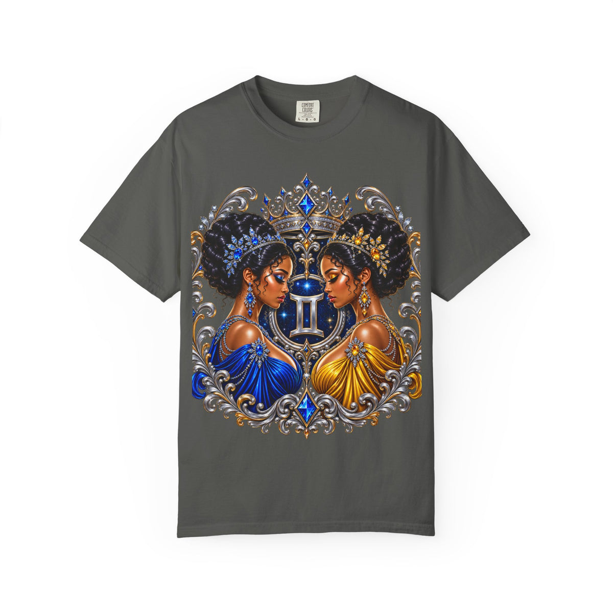 Gemini Zodiac Twin Queens T-Shirt — Elegant Blue & Gold Astrology Tee