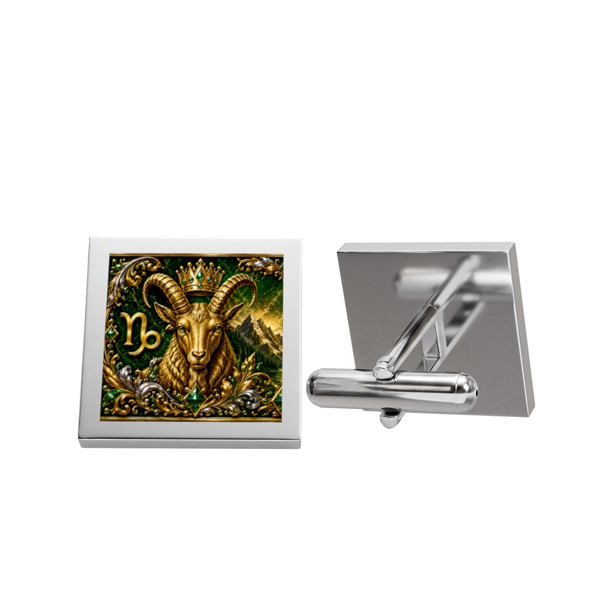 Capricorn Goat Zodiac Cufflinks — Gold Square Astrology Accessory