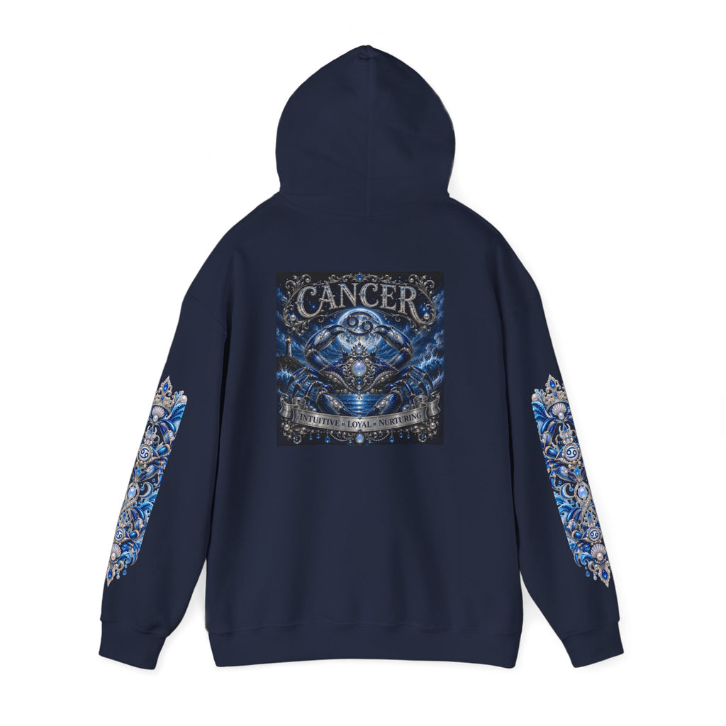 Cancer Zodiac Hoodie — Blue Crab Astrology Sweatshirt with Sleeve Art