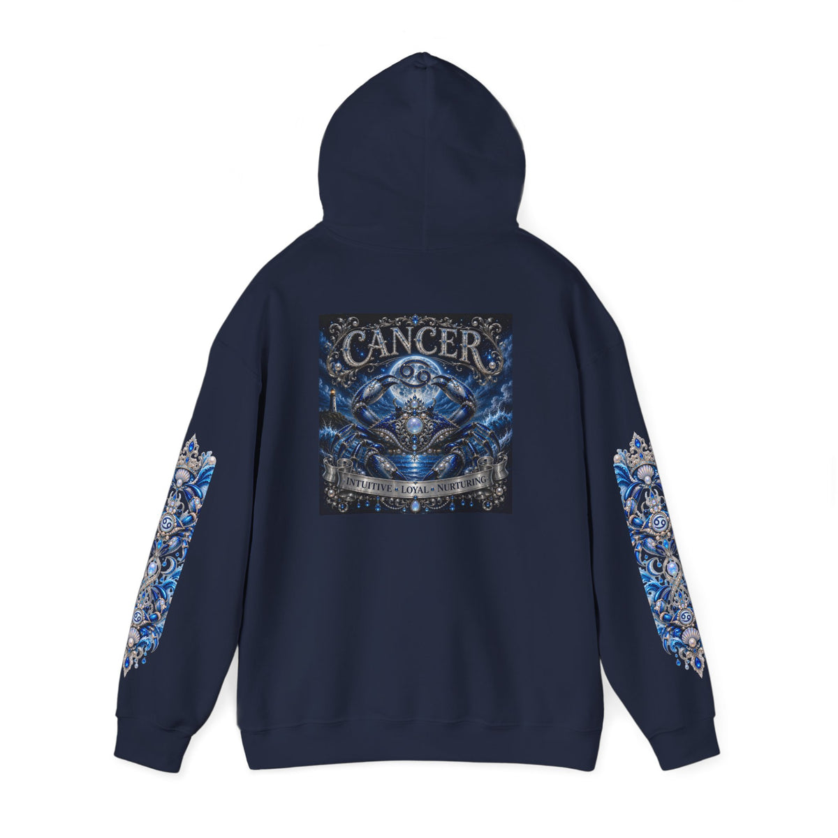 Cancer Zodiac Hoodie — Blue Crab Astrology Sweatshirt with Sleeve Art