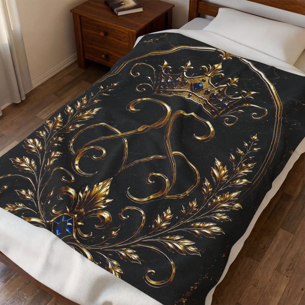 Regal Crown Velvet Plush Blanket — Gold Baroque Royal Throw