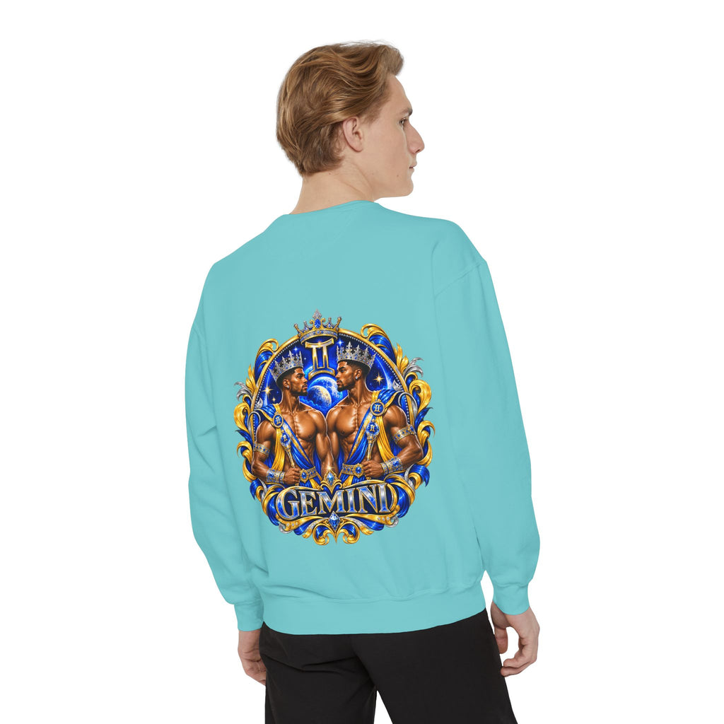 Gemini Zodiac Sweatshirt — Royal Blue & Gold Twin Symbol Crewneck
