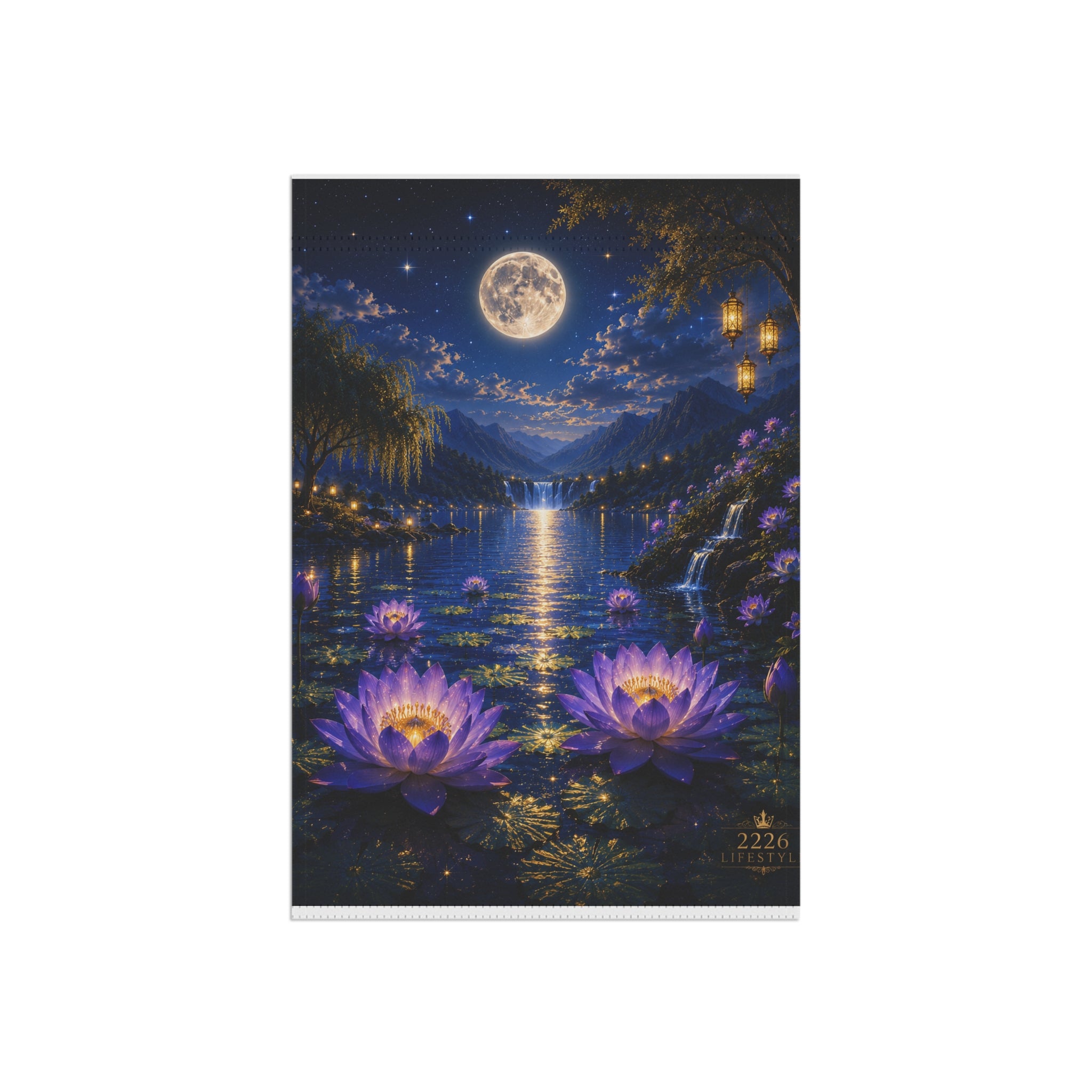Moonlit Lotus Garden Flag – Serene Night Watercolor Garden Banner
