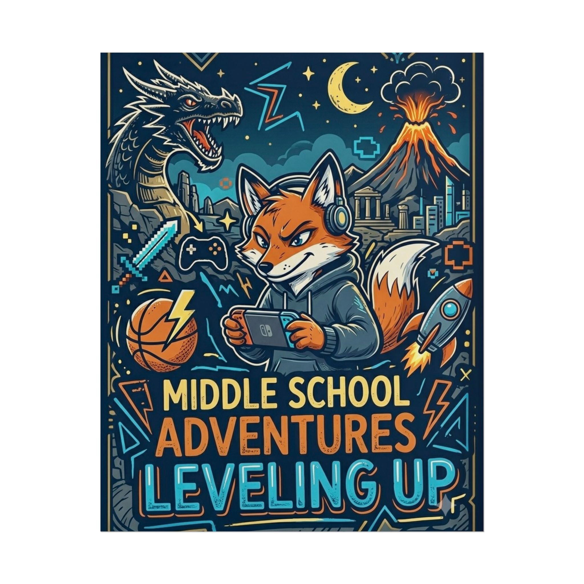 Middle School Adventures Leveling Up Poster — Gaming Fox Rolled Wall Art