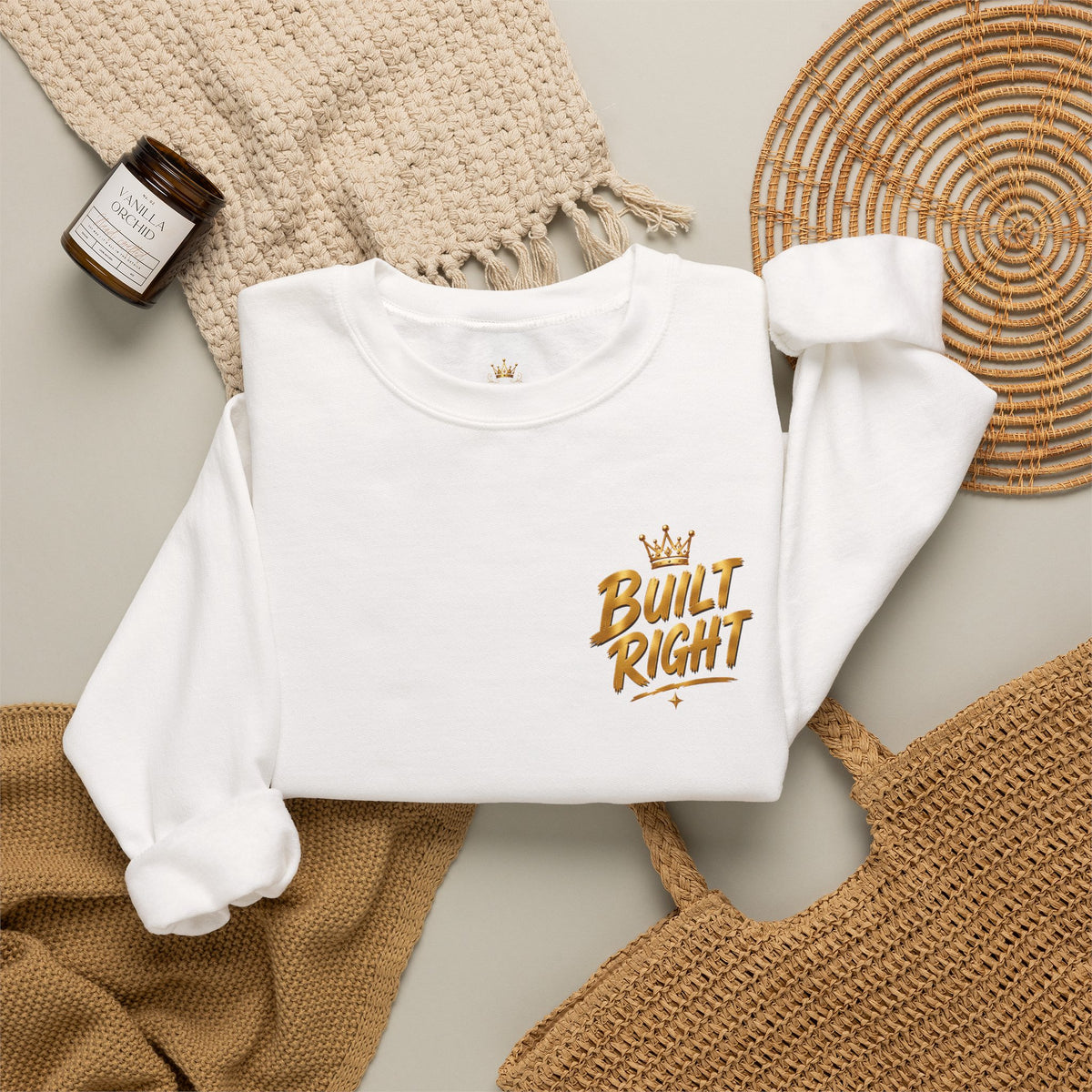 Built Right Crewneck Sweatshirt — "Built Right: Beautiful, Brave, Brilliant" Gold Graphic