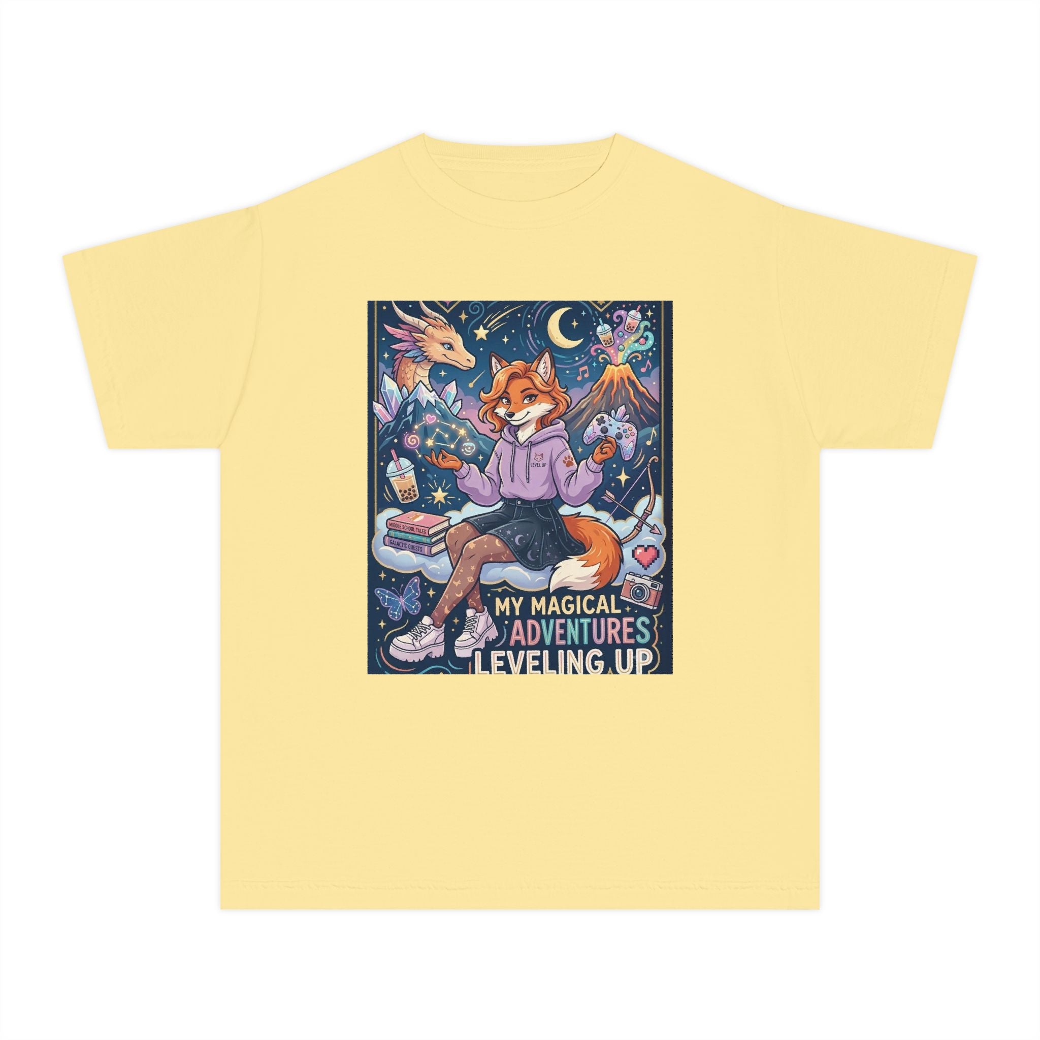 Youth Tee — "My Magical Adventures Are Leveling Up" Fox Gamer Graphic