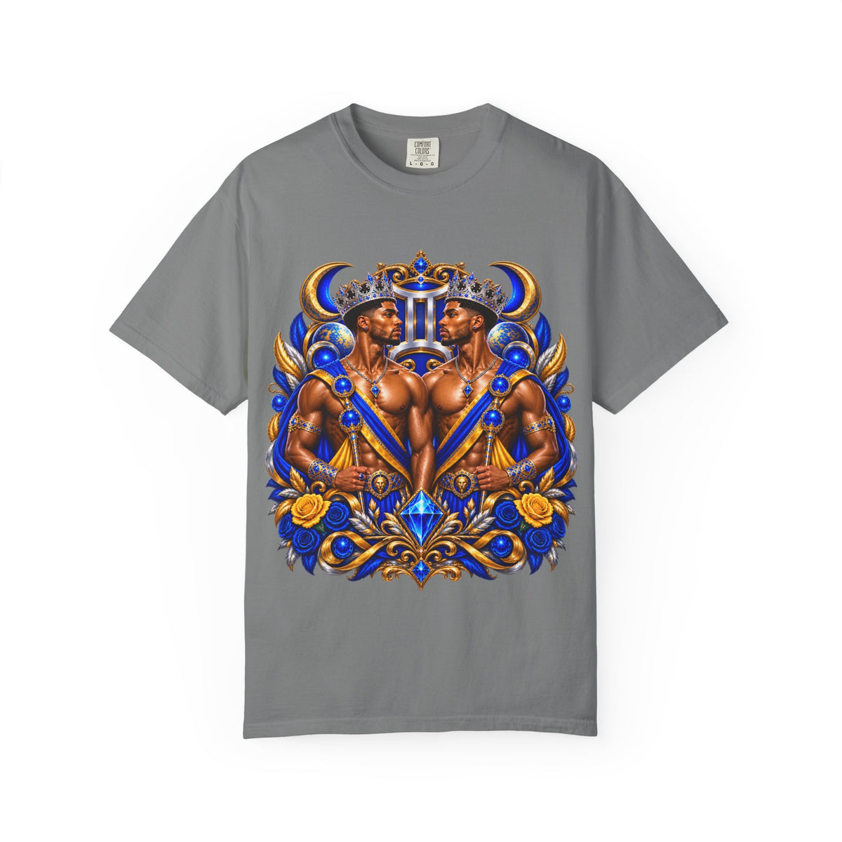 Gemini Zodiac T-Shirt — Bold Blue & Gold Twin Portrait Tee