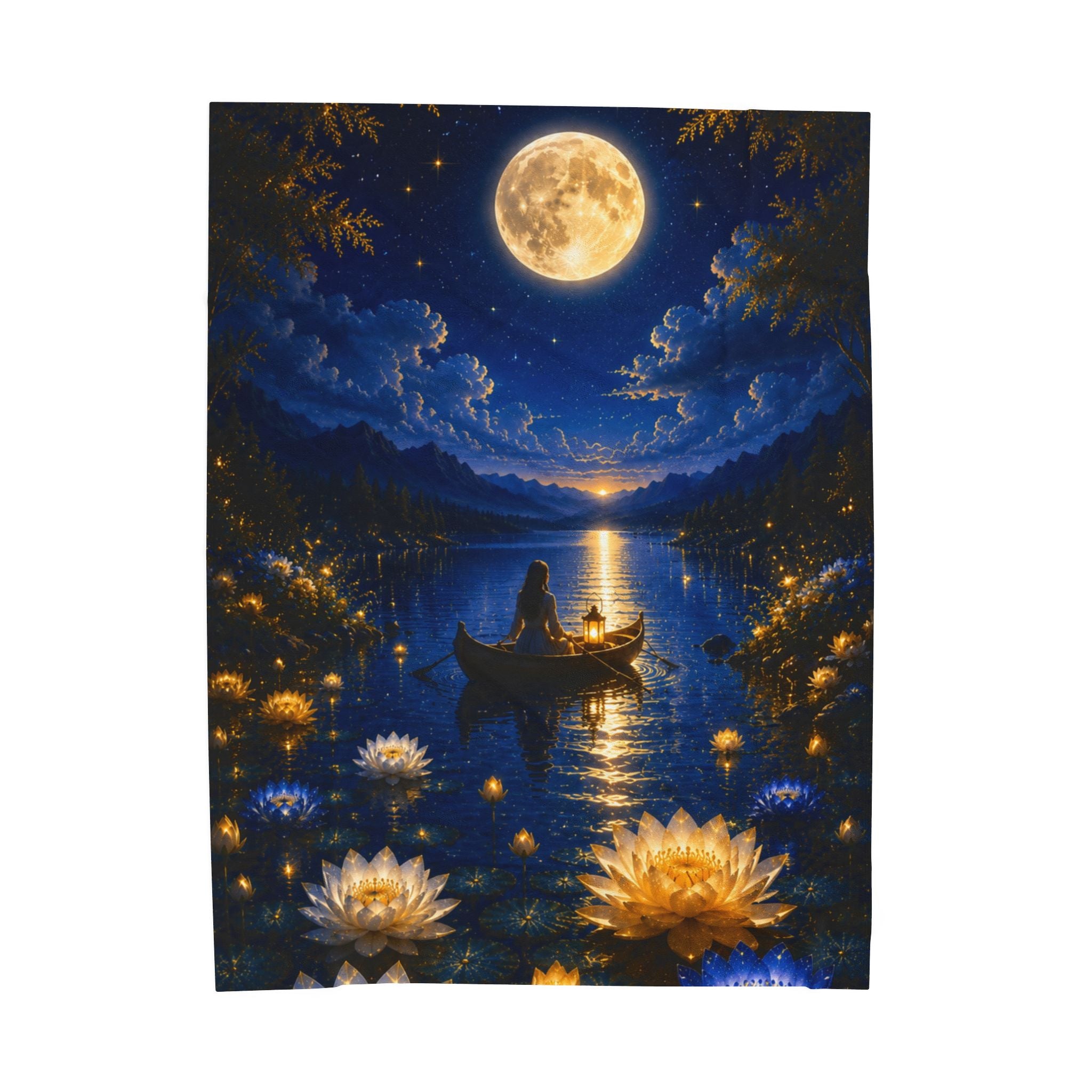 Moonlit Lake Velveteen Plush Blanket — Romantic Nightscape Cozy Throw