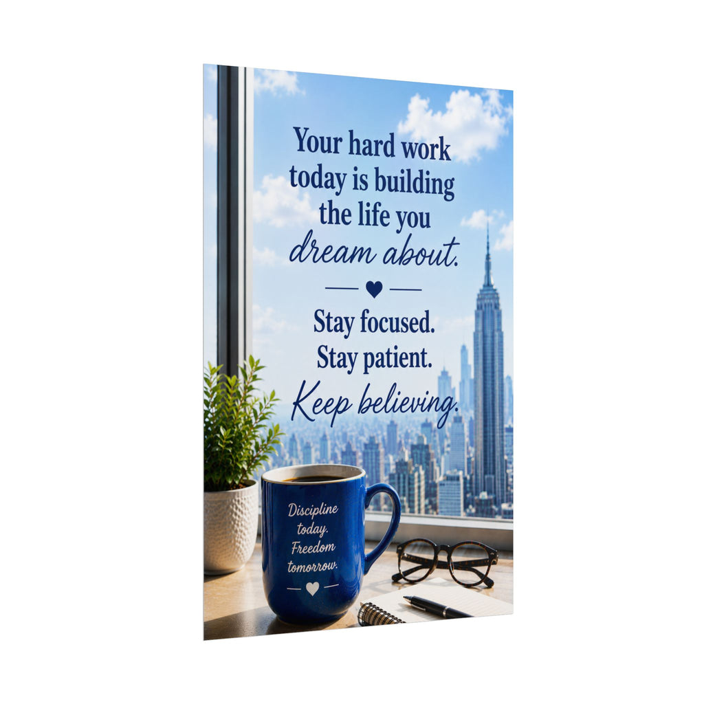 Motivational City View Poster – "Your hard work today is building the life you dream about"