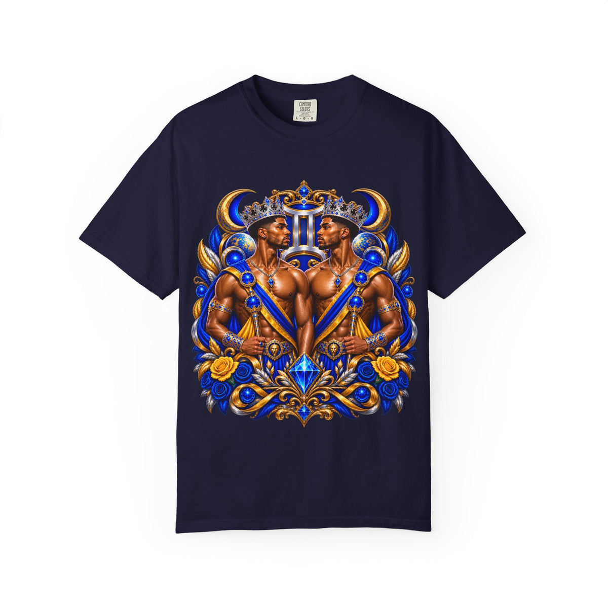 Gemini Zodiac T-Shirt — Bold Blue & Gold Twin Portrait Tee