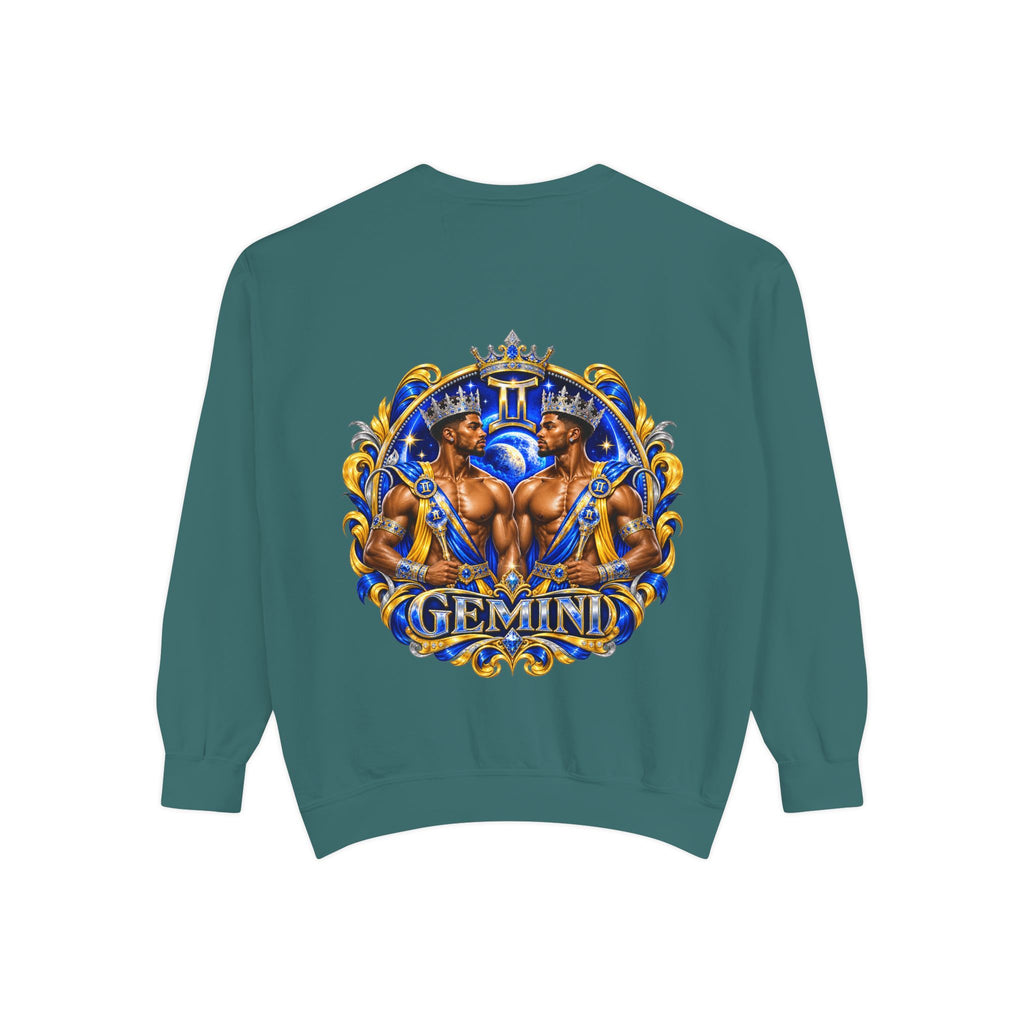 Gemini Zodiac Sweatshirt — Royal Blue & Gold Twin Symbol Crewneck
