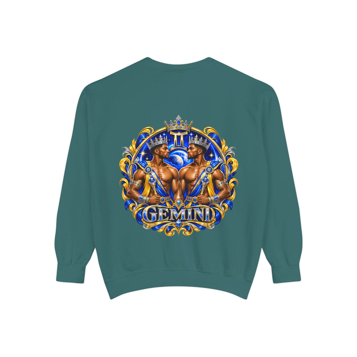 Gemini Zodiac Sweatshirt — Royal Blue & Gold Twin Symbol Crewneck