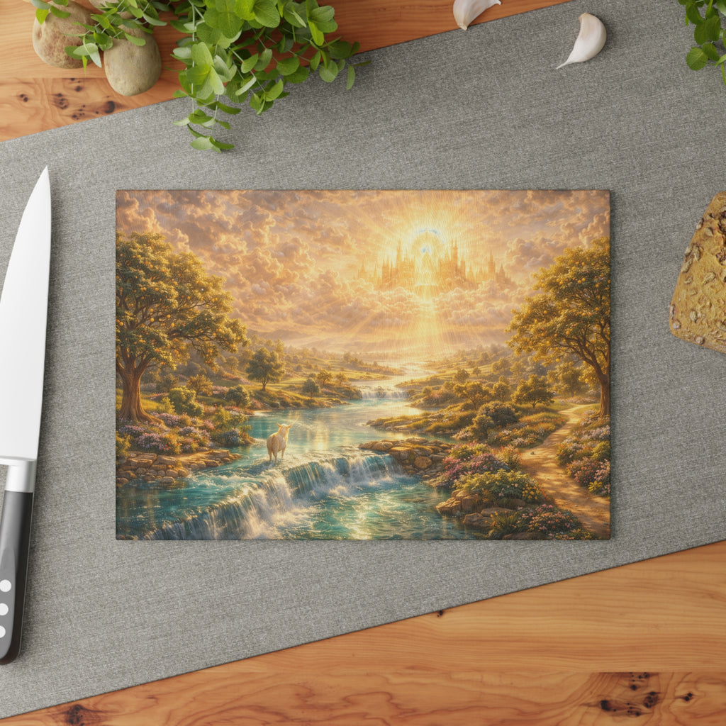 Glass Cutting Board — Serene Heavenly Landscape with River & Deer