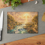Glass Cutting Board — Serene Heavenly Landscape with River & Deer