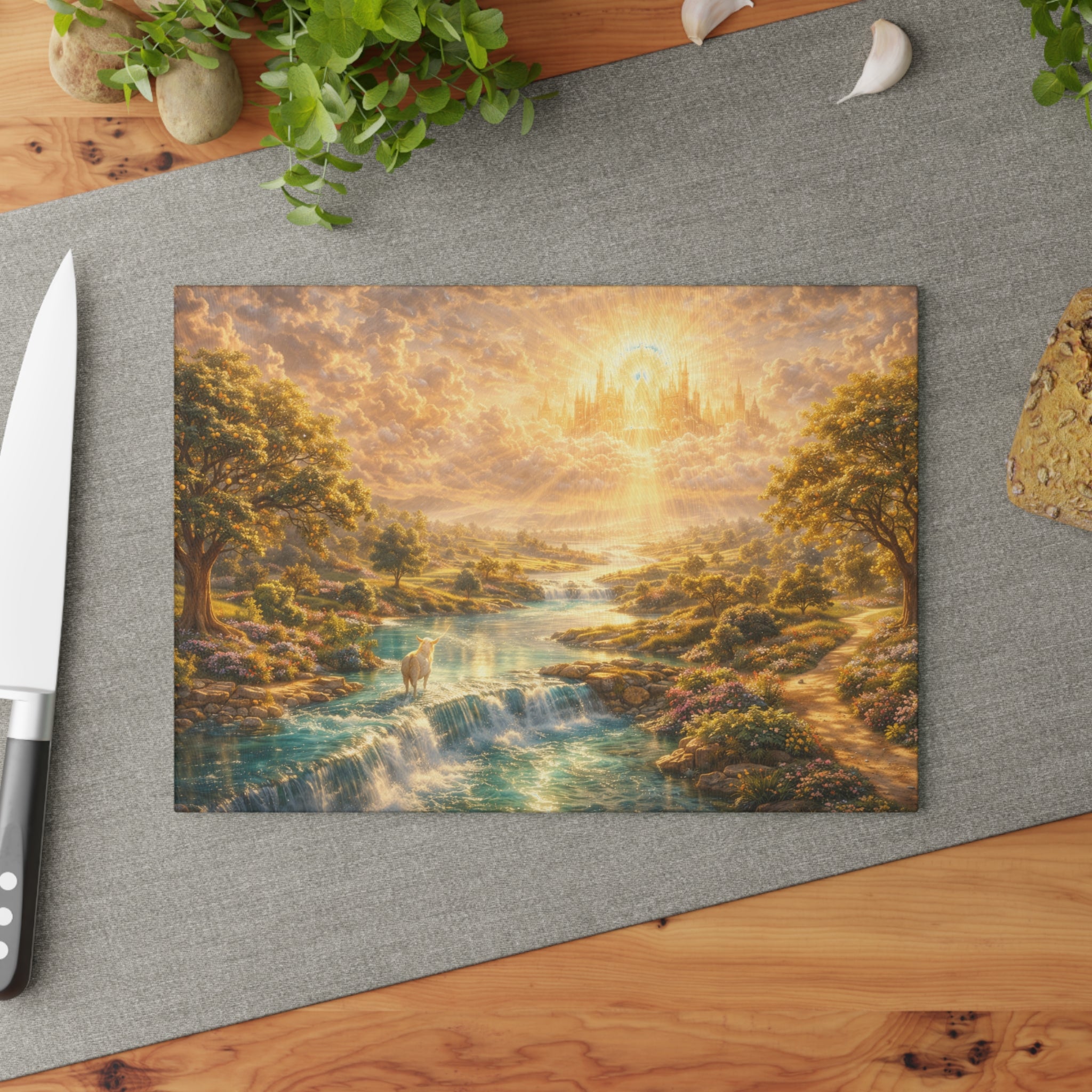 Glass Cutting Board — Serene Heavenly Landscape with River & Deer