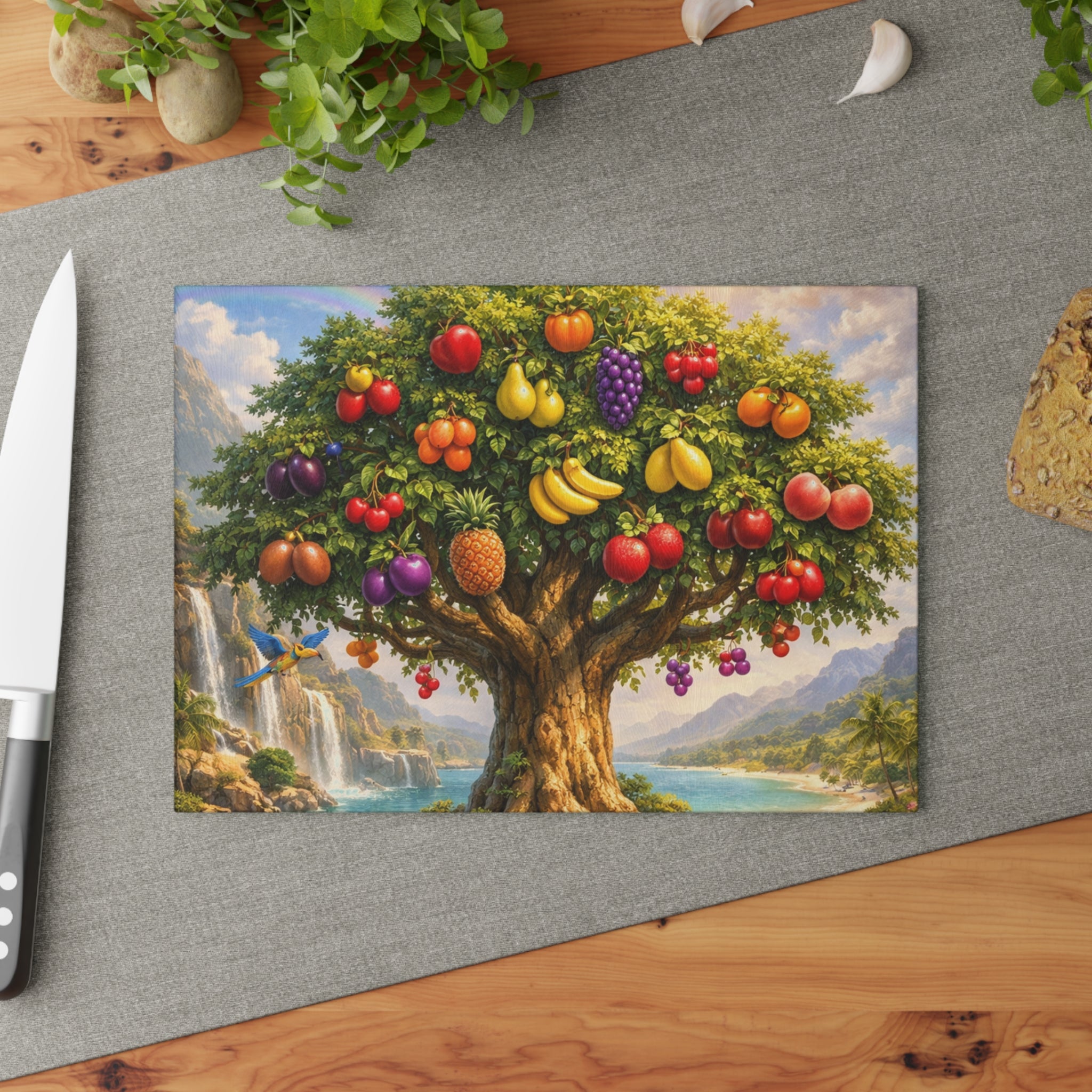 Colorful Fruit Tree Tempered Glass Cutting Board — Decorative Orchard Kitchen Board