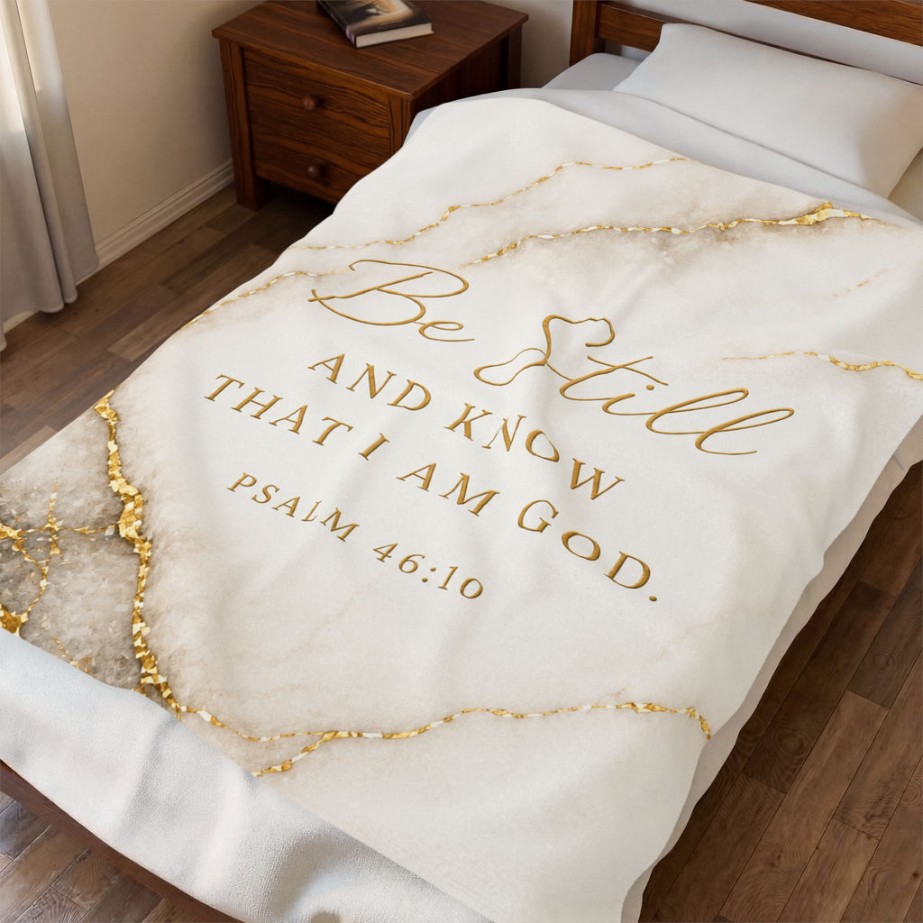 Velveteen Blanket - "Be Still and Know That I Am God" Psalm 46:10 Marble Gold Prayer Throw